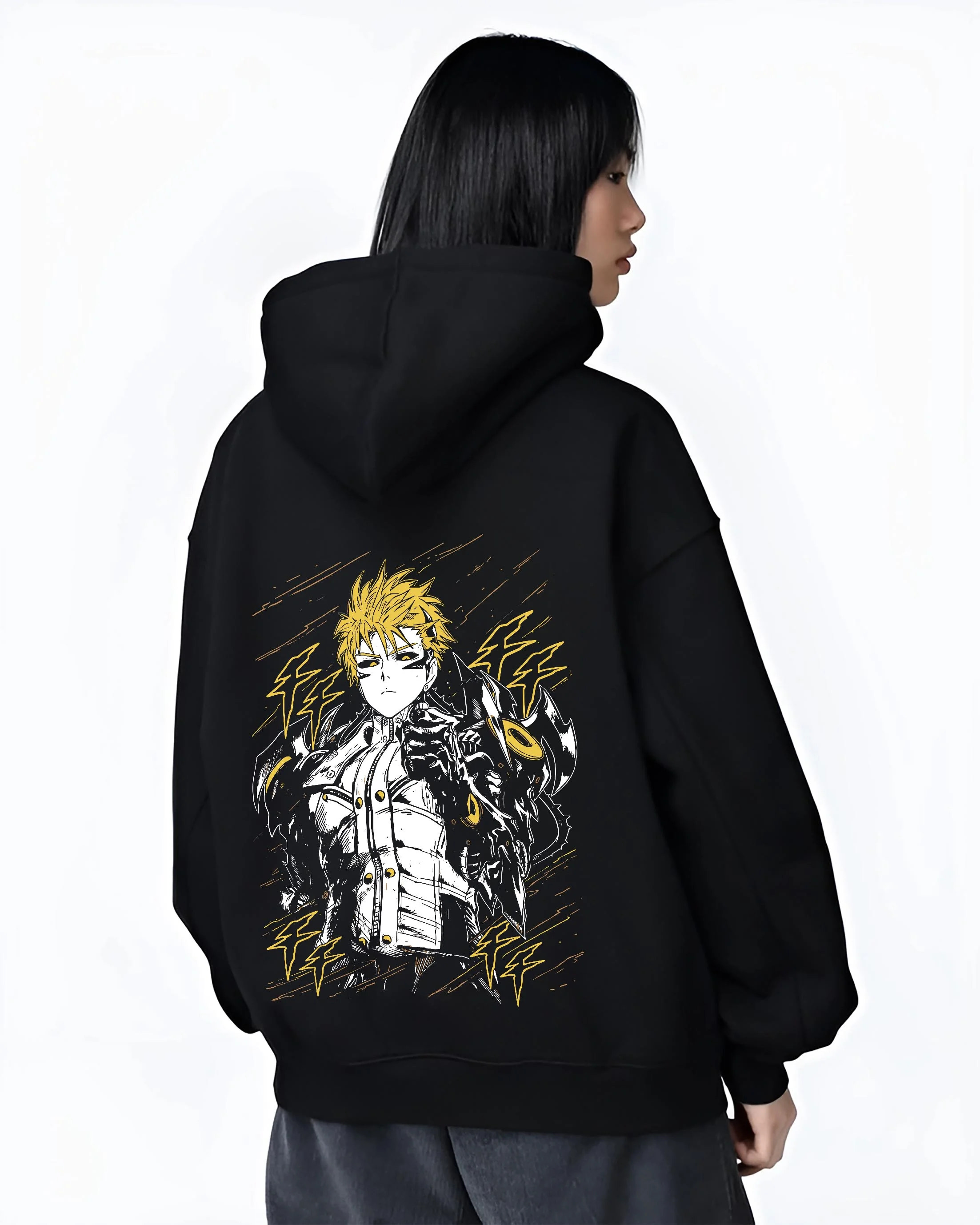 Black hoodie worn by female model, back view with One Punch Man Hoodie Genos Armored Cyborg Jumper graphic streetwear graphic.