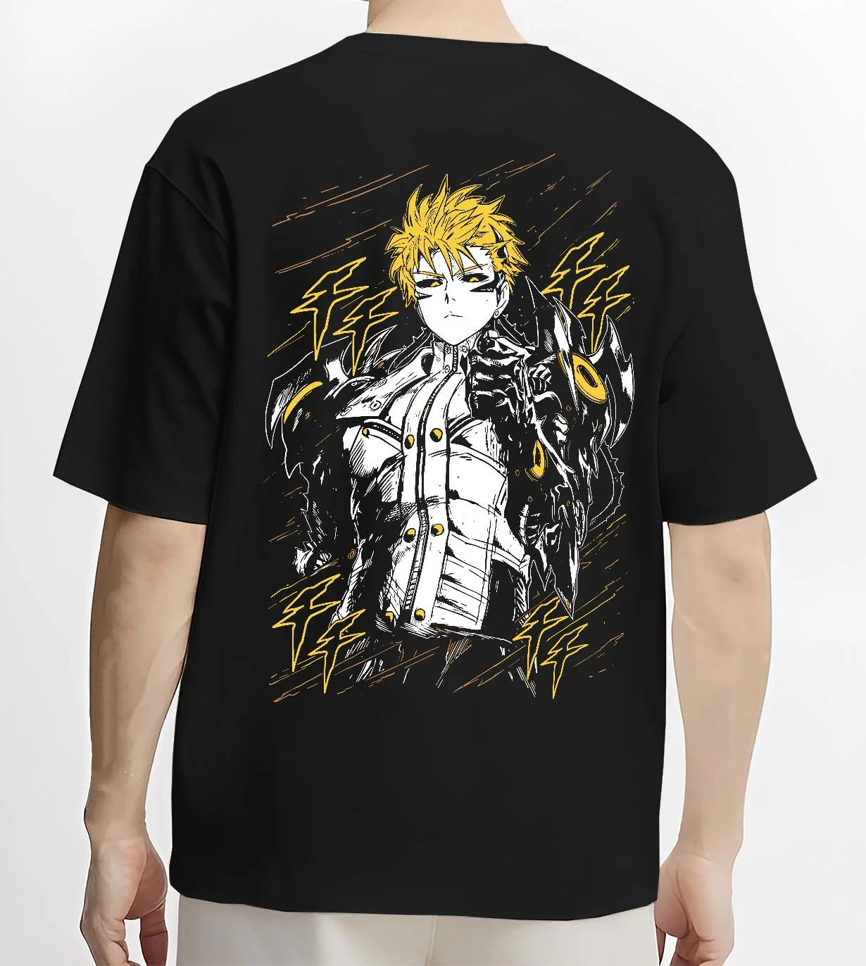 Black T-shirt worn by male model, back view with One Punch Man Hoodie Genos Armored Cyborg Jumper graphic bold anime graphic.