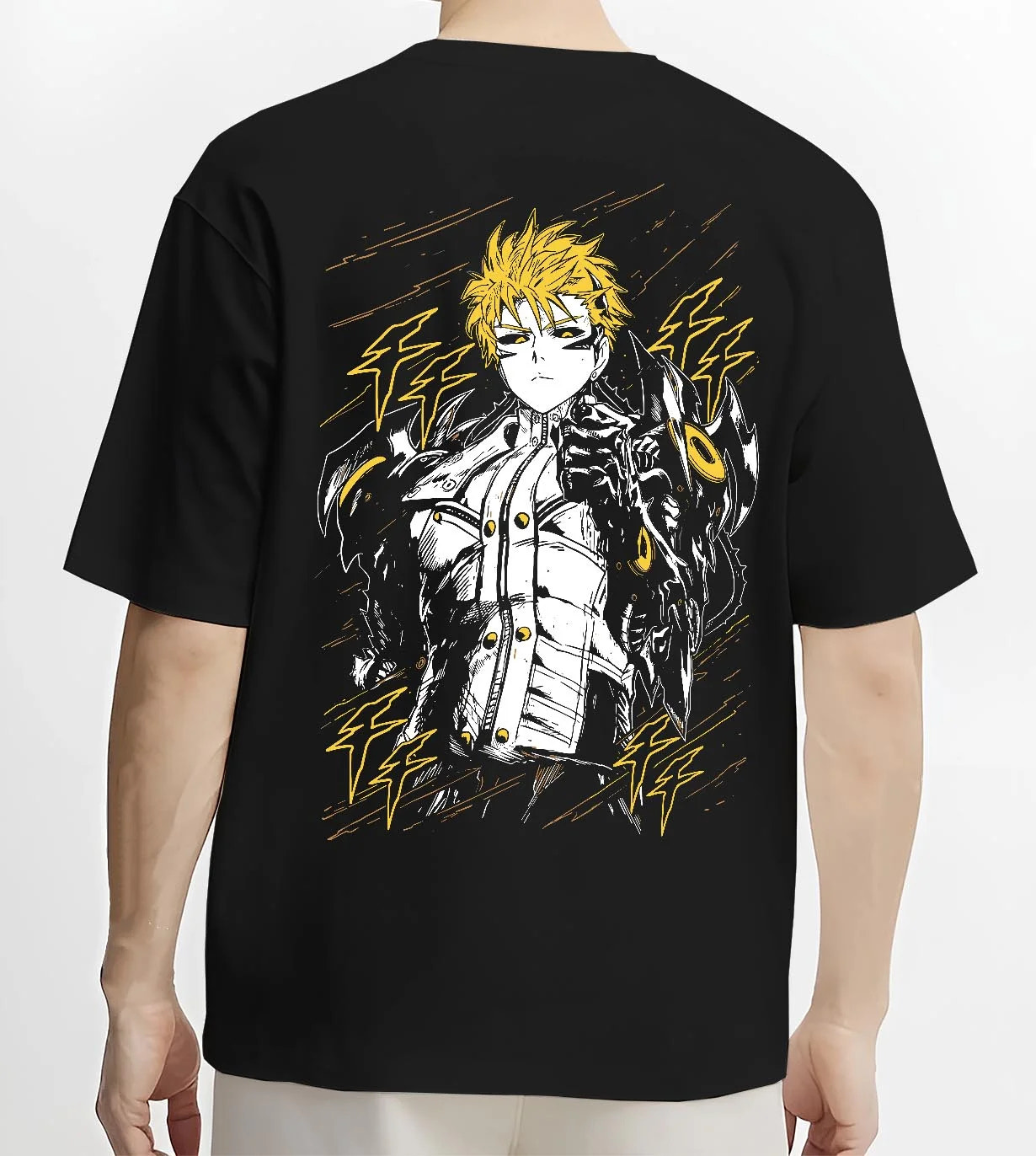 Black T-shirt worn by male model, back view with One Punch Man Hoodie Genos Armored Cyborg Jumper graphic bold anime graphic.