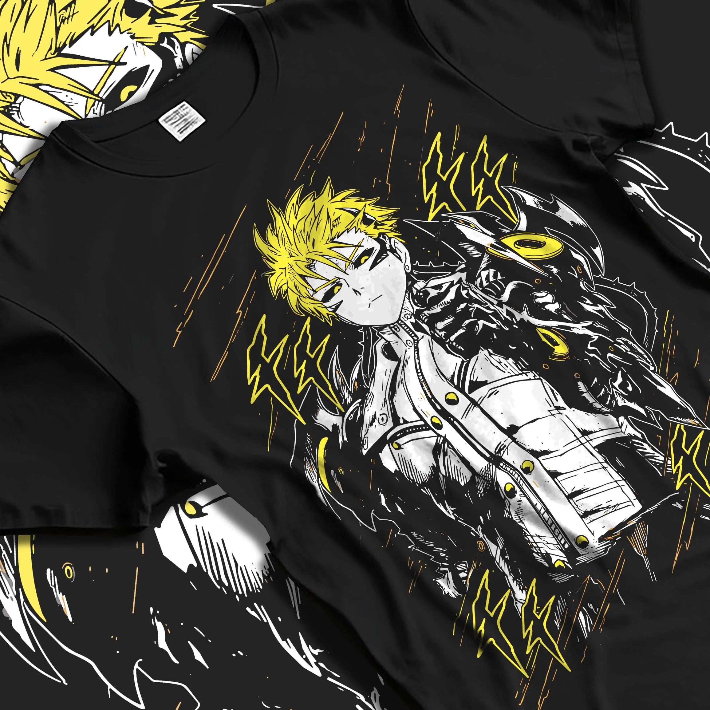 Black T-shirt laid flat with natural folds with One Punch Man Hoodie Genos Armored Cyborg Jumper graphic streetwear graphic.