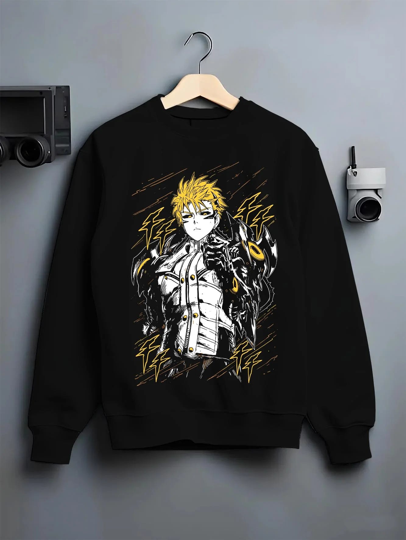 Black crewneck sweatshirt on hanger with One Punch Man Hoodie Genos Armored Cyborg Jumper graphic bold anime graphic.