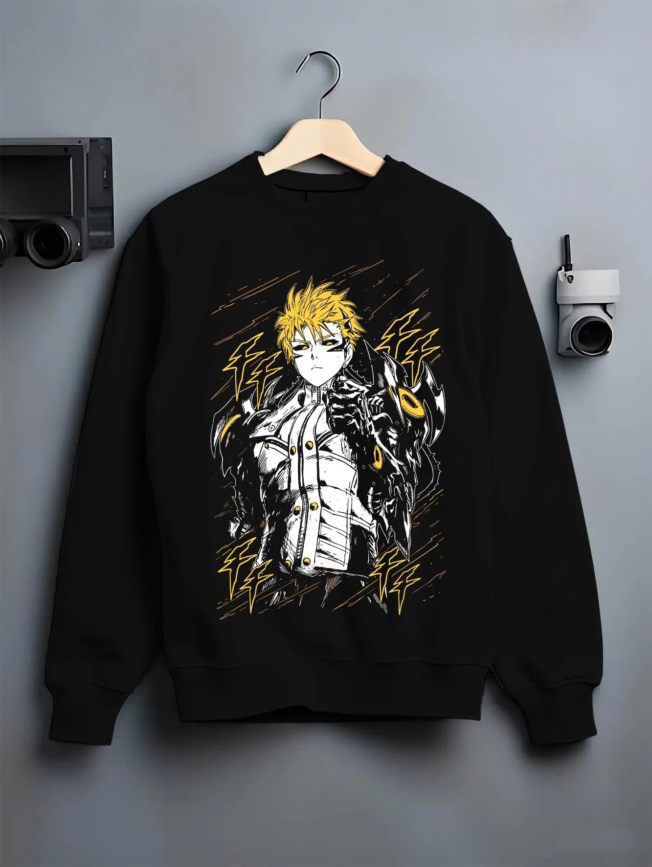Black crewneck sweatshirt on hanger with One Punch Man Hoodie Genos Armored Cyborg Jumper graphic bold anime graphic.