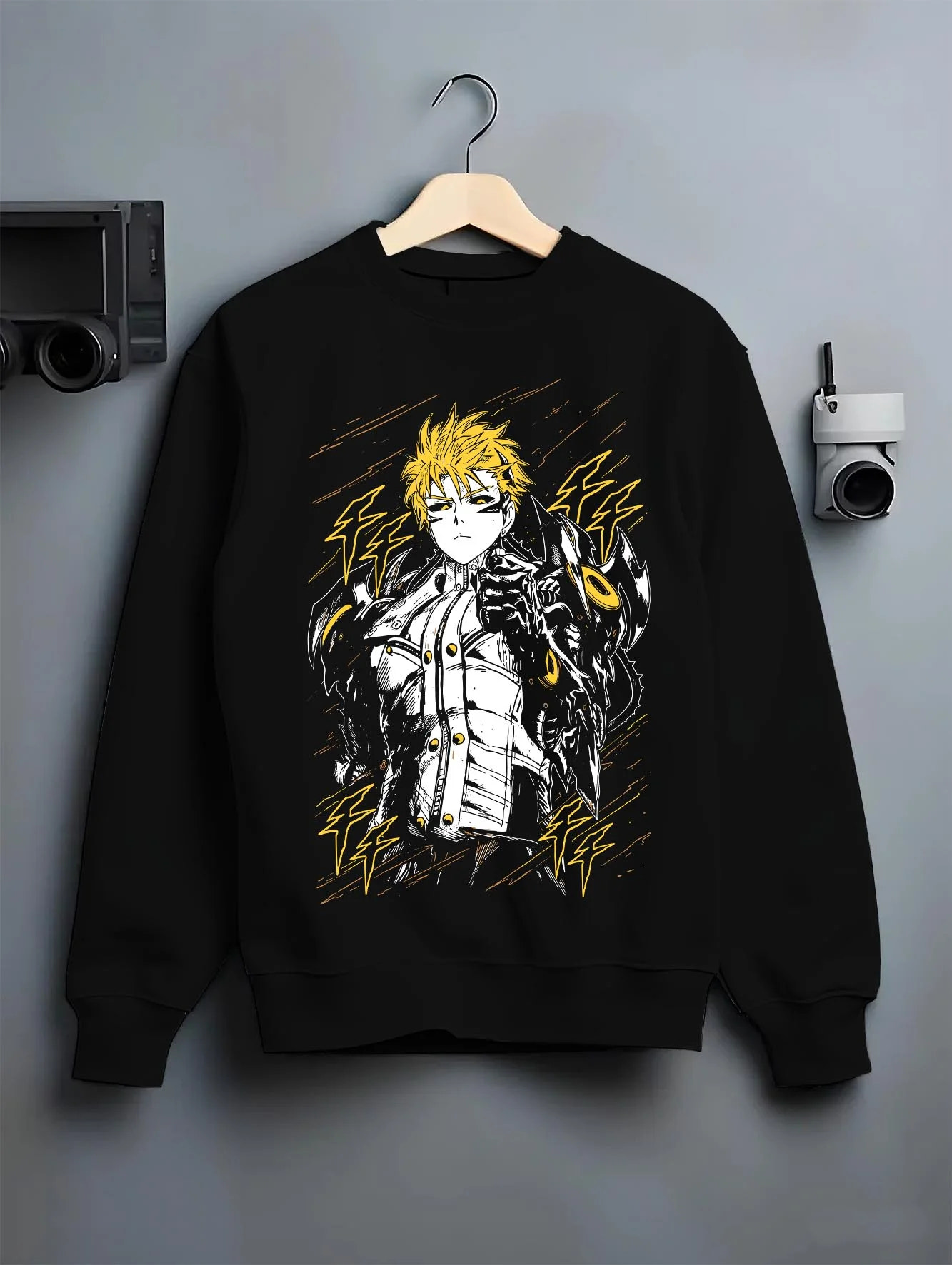 Black crewneck sweatshirt on hanger with One Punch Man Hoodie Genos Armored Cyborg Jumper graphic bold anime graphic.