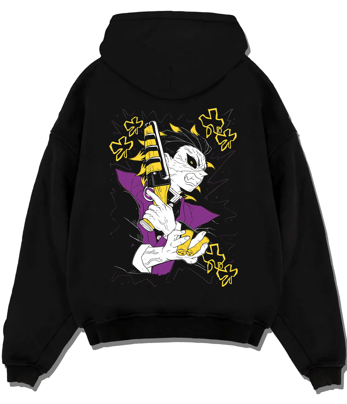Black hoodie flat back view with Genya Shinazugawa with sawed-off shotgun from Demon Slayer illustrated back graphic