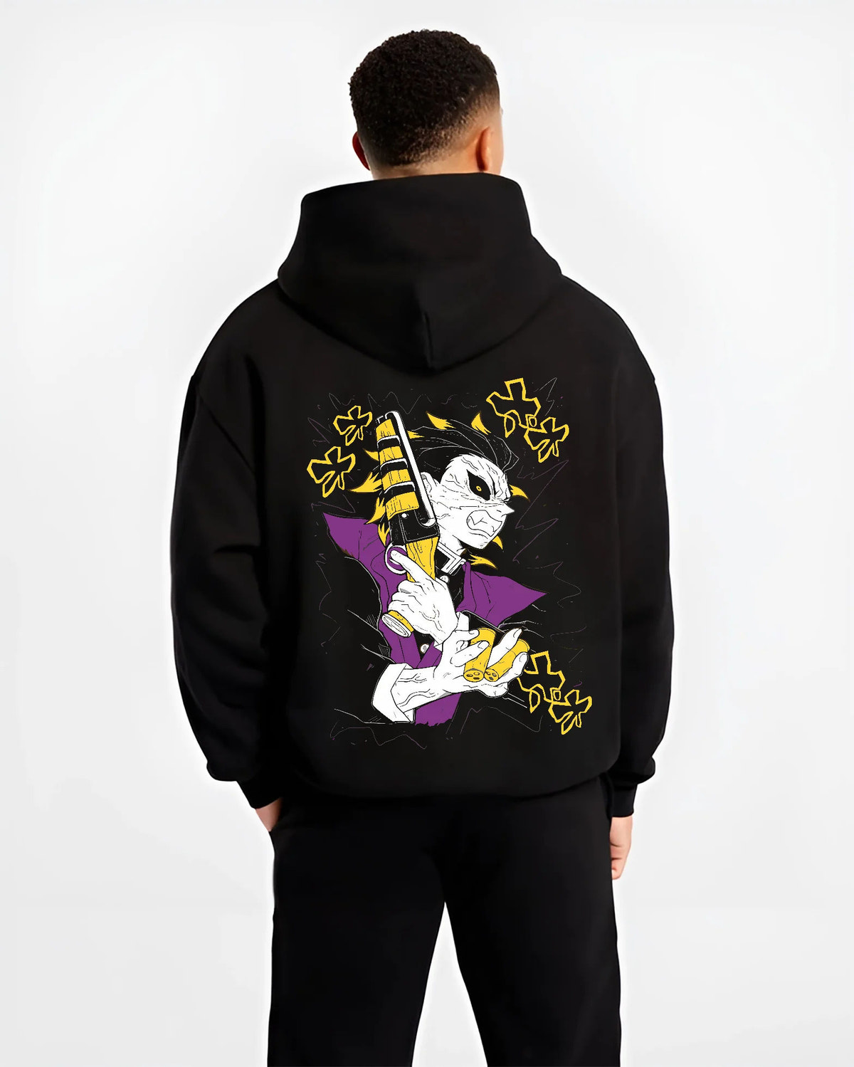 Black hoodie model back view with Genya Shinazugawa with sawed-off shotgun from Demon Slayer illustrated back graphic