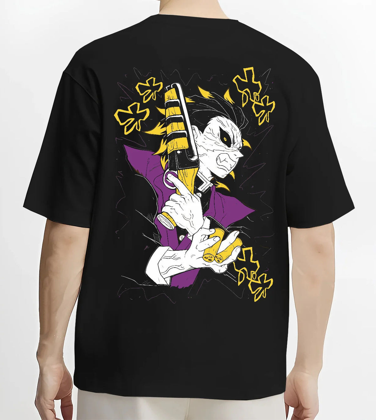 Black T-shirt model back view with Genya Shinazugawa with sawed-off shotgun from Demon Slayer illustrated back graphic