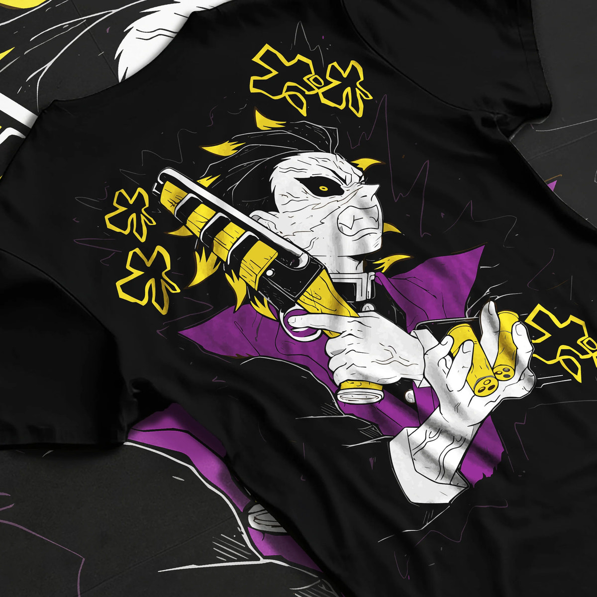 Black T-shirt flat back view with Genya Shinazugawa with sawed-off shotgun from Demon Slayer illustrated back graphic