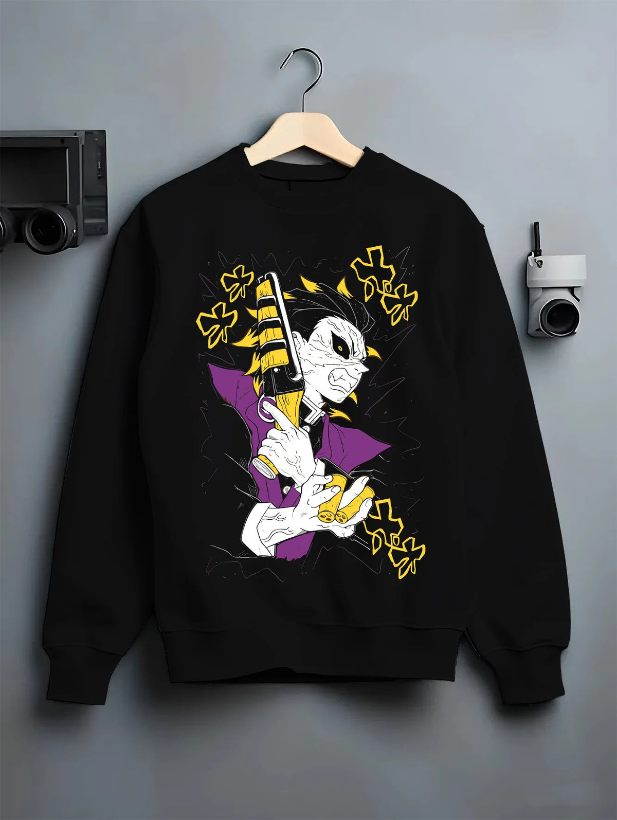 Black crewneck sweatshirt on hanger with Genya Shinazugawa with sawed-off shotgun from Demon Slayer illustrated back graphic