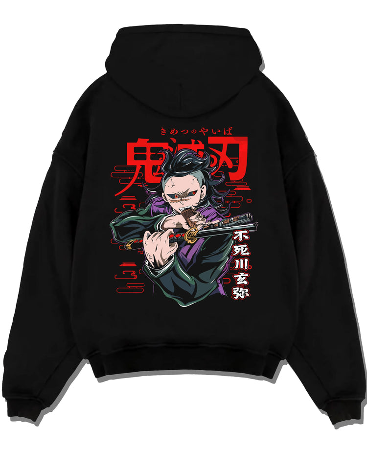 Black pullover hoodie laid flat with Demon Slayer Hoodie Sanemi Shinazugawa Fury Jumper graphic bold anime graphic.