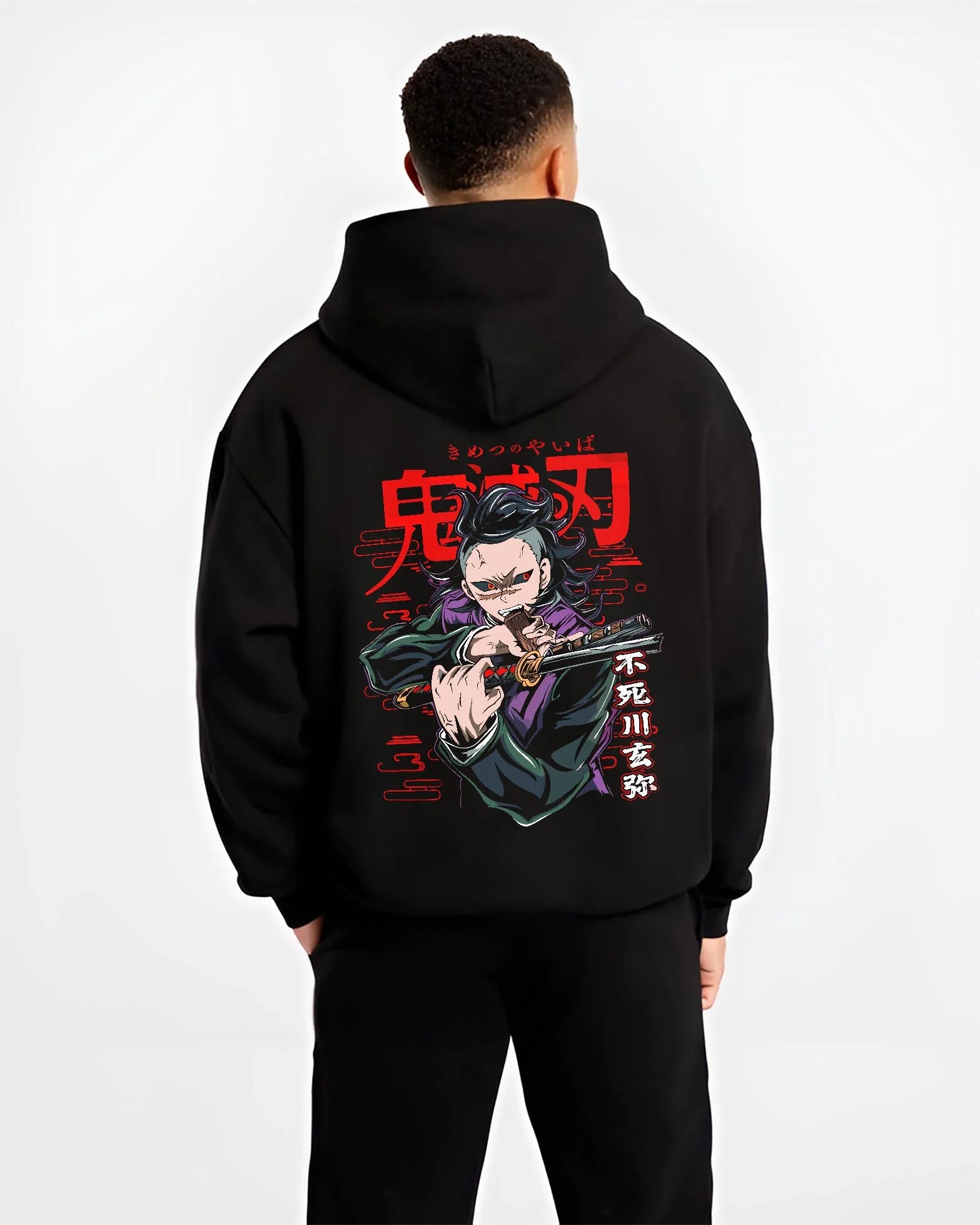 Black hoodie worn by male model, back view with Demon Slayer Hoodie Sanemi Shinazugawa Fury Jumper graphic premium wear.