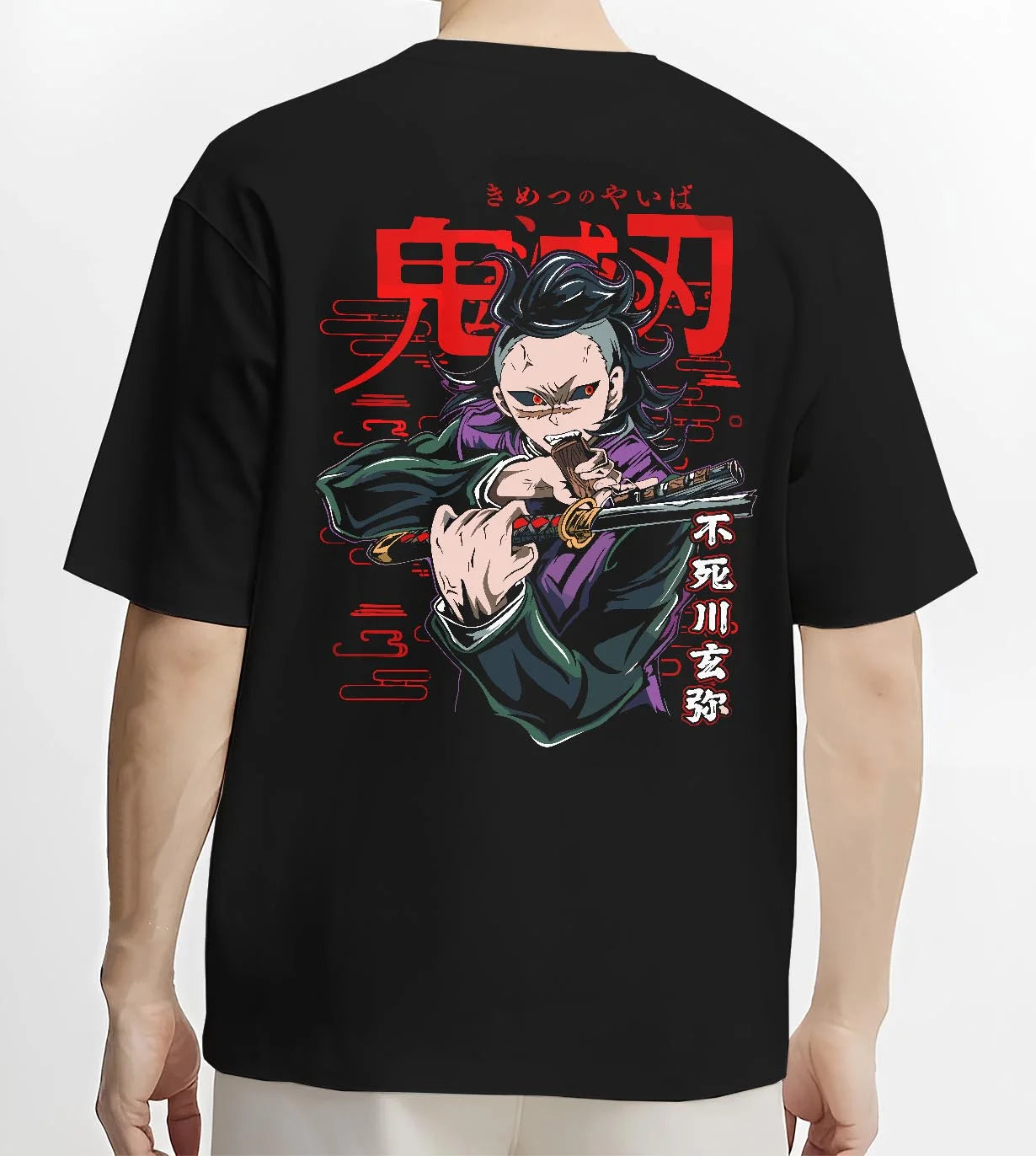 Black T-shirt worn by male model, back view with Demon Slayer Hoodie Sanemi Shinazugawa Fury Jumper graphic bold anime graphic.