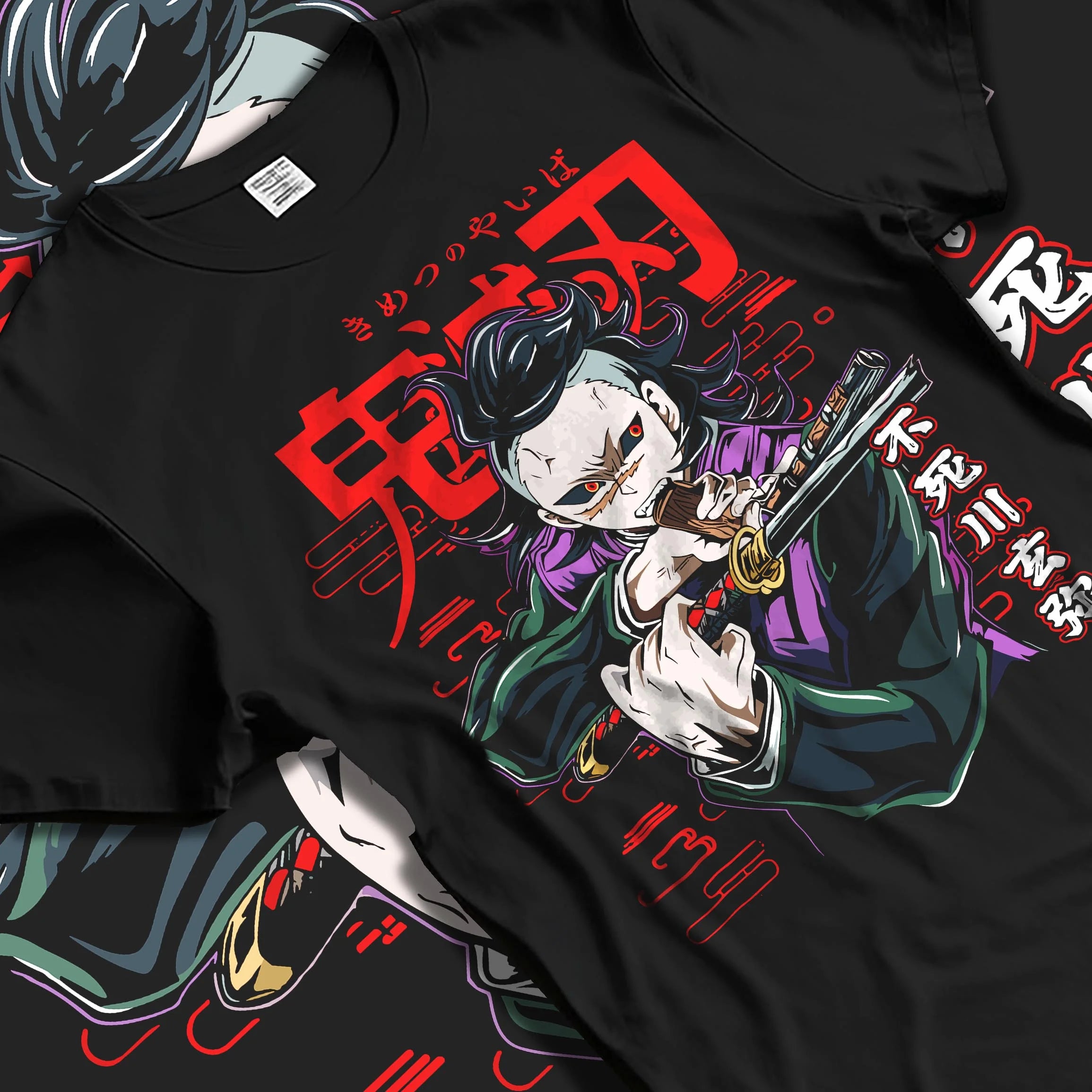 Black T-shirt laid flat with natural folds with Demon Slayer Hoodie Sanemi Shinazugawa Fury Jumper graphic streetwear graphic.