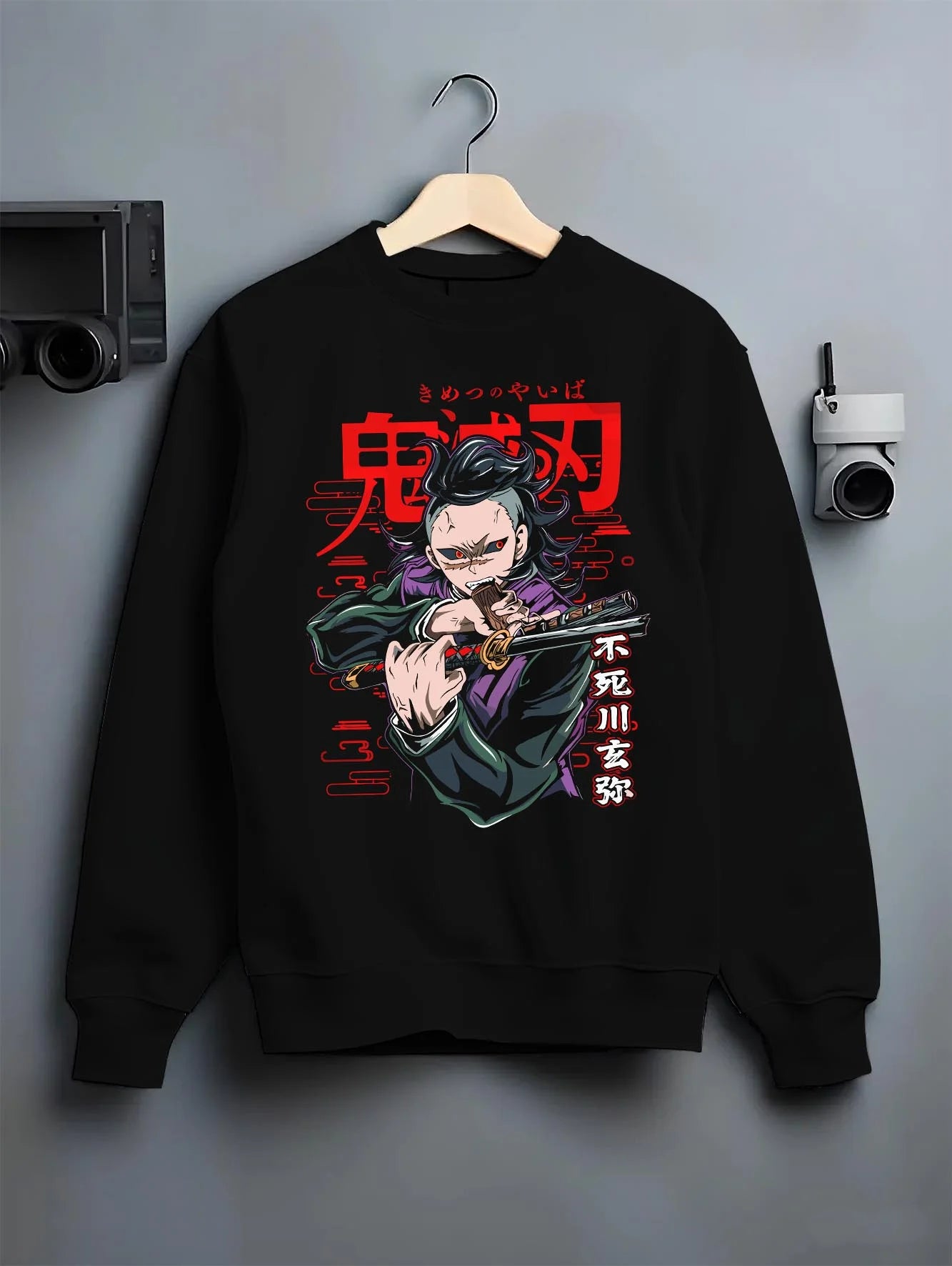 Black crewneck sweatshirt on hanger with Demon Slayer Hoodie Sanemi Shinazugawa Fury Jumper graphic bold anime graphic.