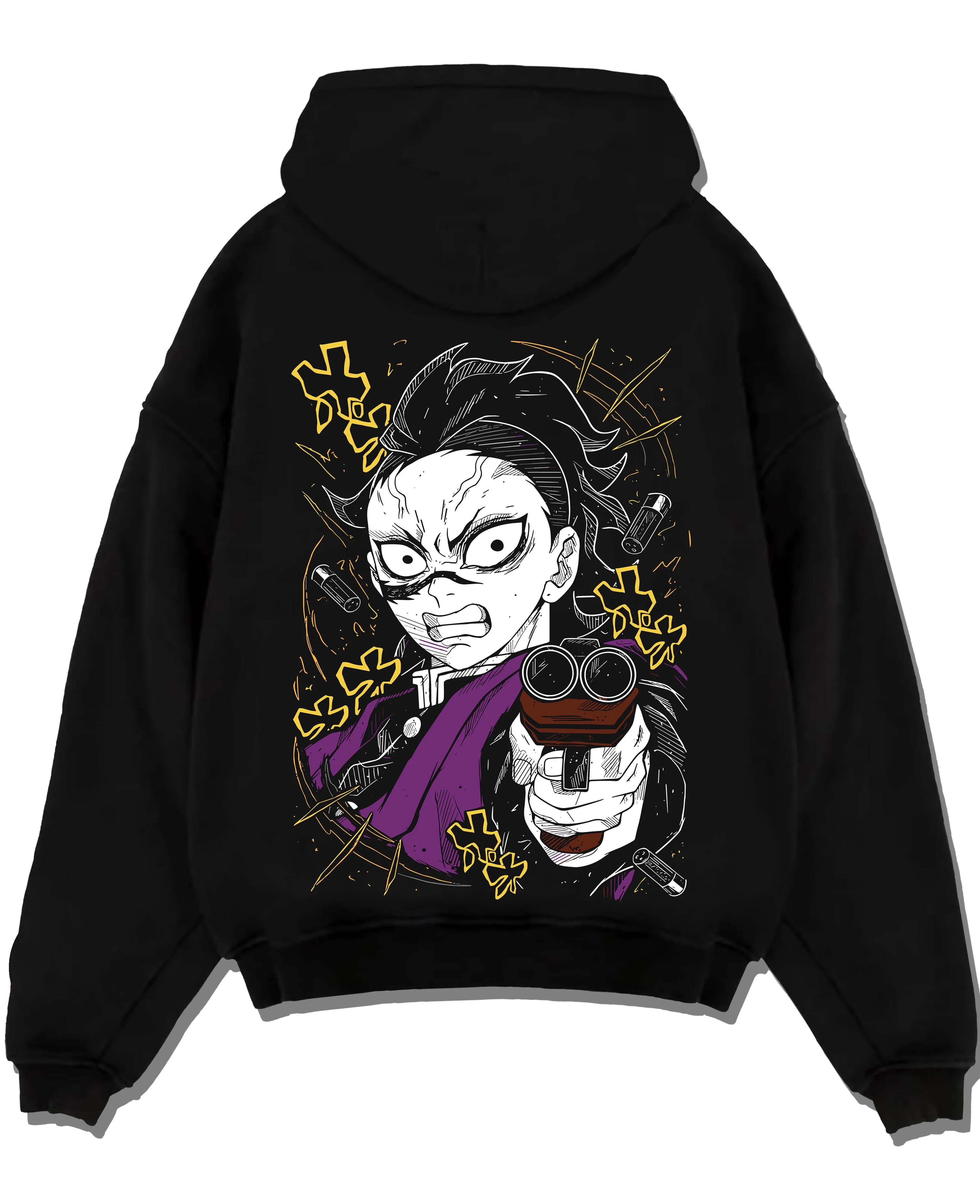 Black pullover hoodie laid flat with Demon Slayer Hoodie Yoriichi Tsugikuni Blade Jumper graphic bold anime graphic.