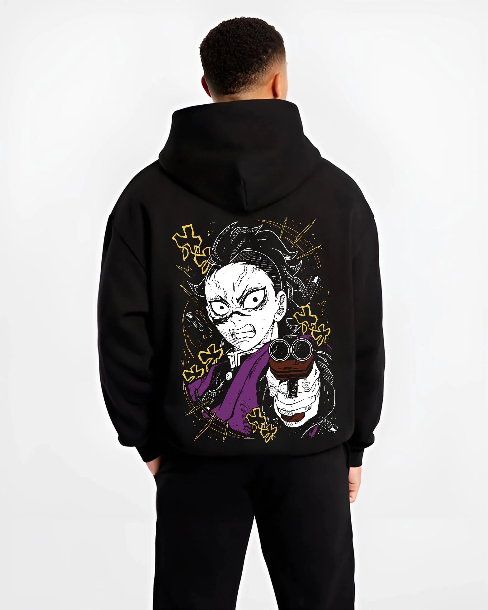 Black hoodie worn by male model, back view with Demon Slayer Hoodie Yoriichi Tsugikuni Blade Jumper graphic premium wear.
