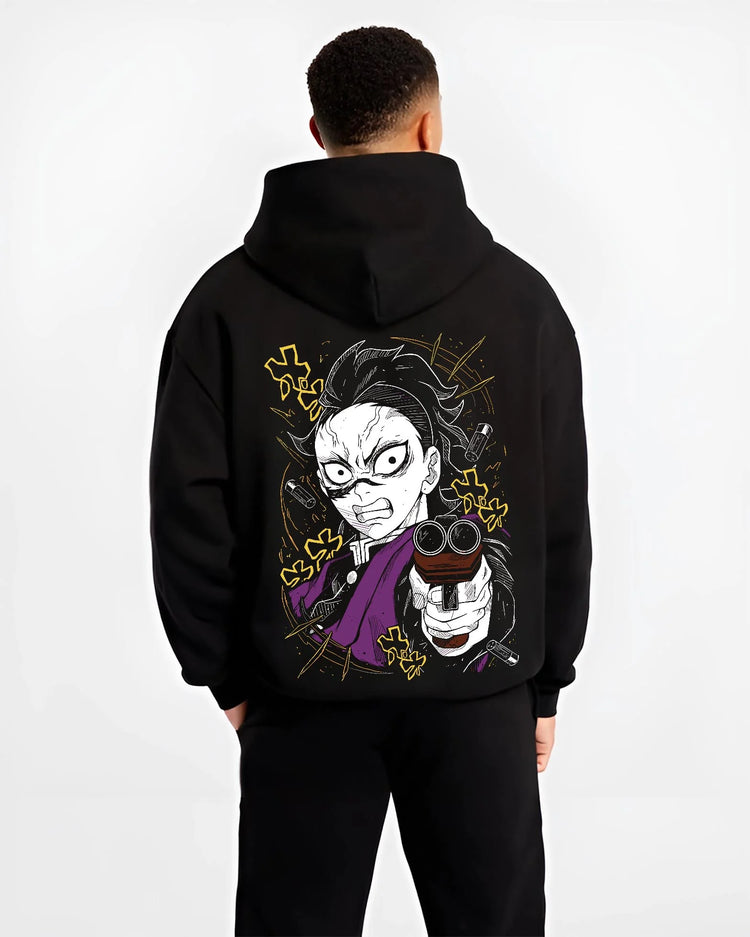 Black hoodie worn by male model, back view with Demon Slayer Hoodie Yoriichi Tsugikuni Blade Jumper graphic premium wear.