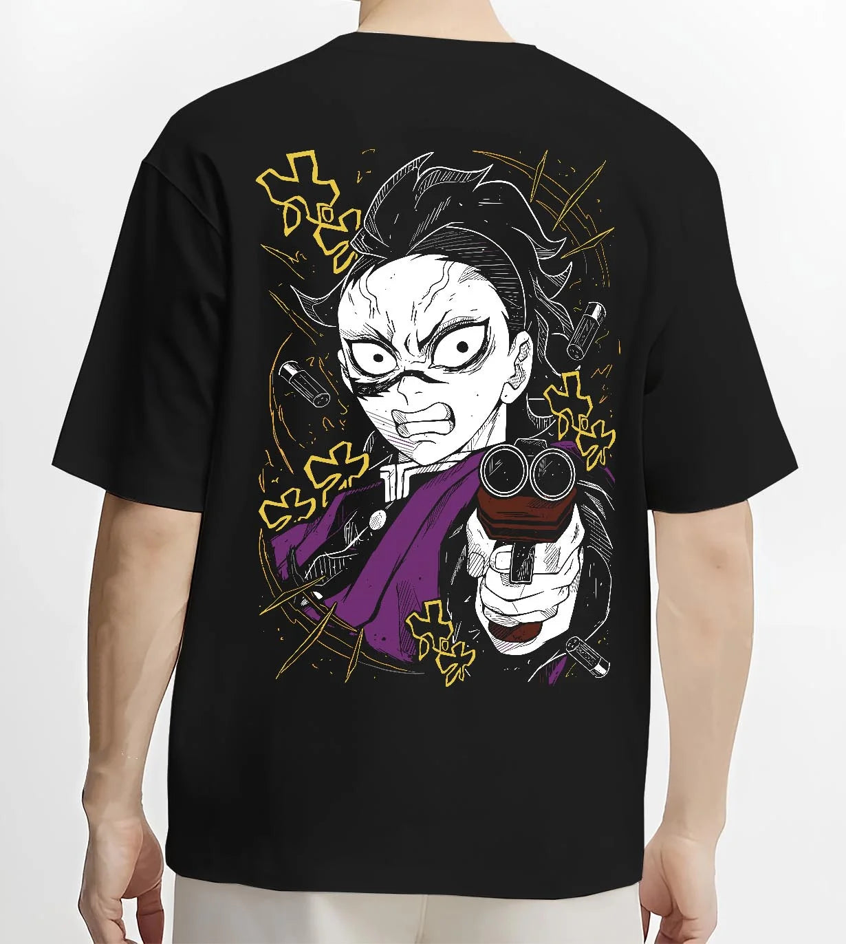 Black T-shirt worn by male model, back view with Demon Slayer Hoodie Yoriichi Tsugikuni Blade Jumper graphic premium wear.