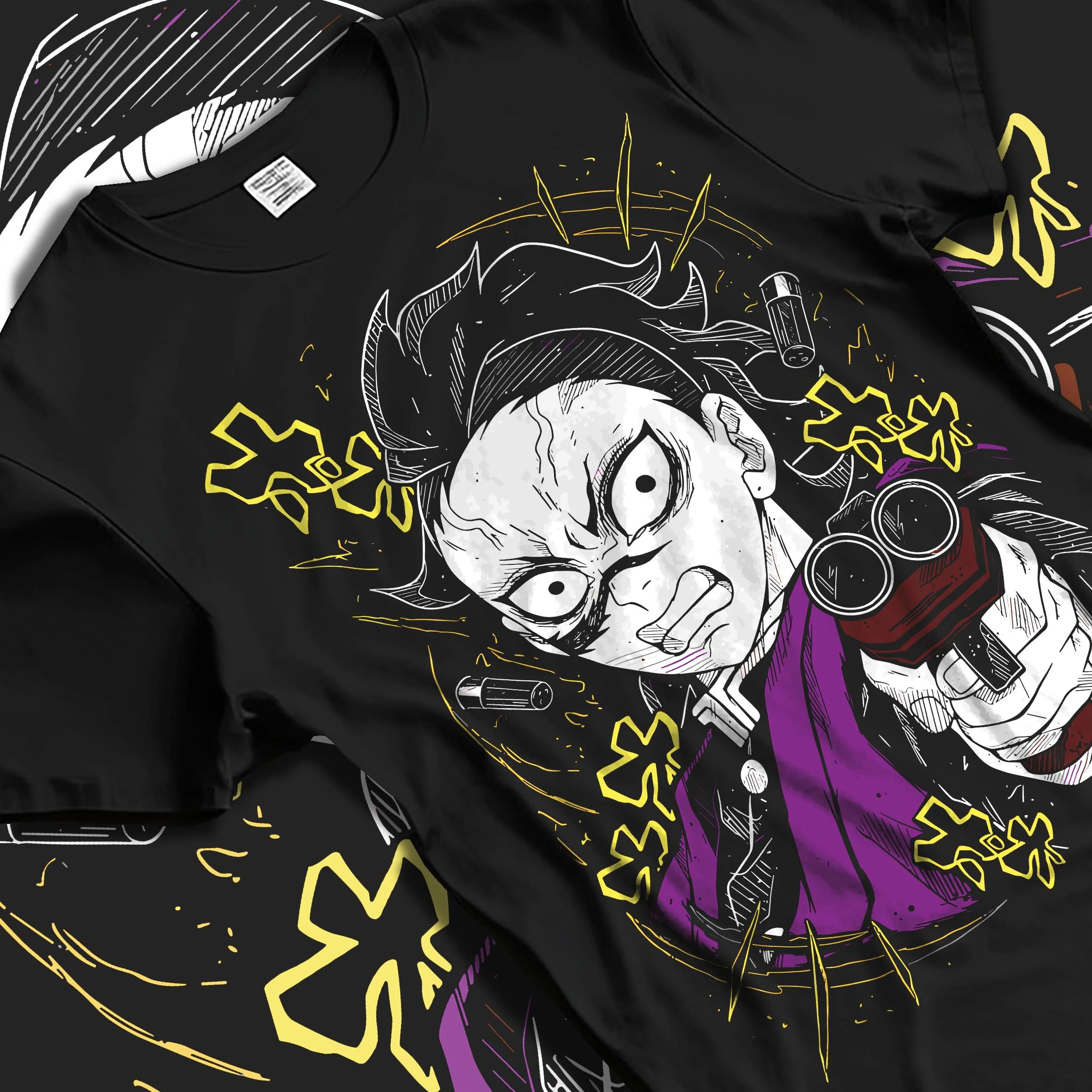 Black T-shirt laid flat with natural folds with Demon Slayer Hoodie Yoriichi Tsugikuni Blade Jumper graphic premium wear.