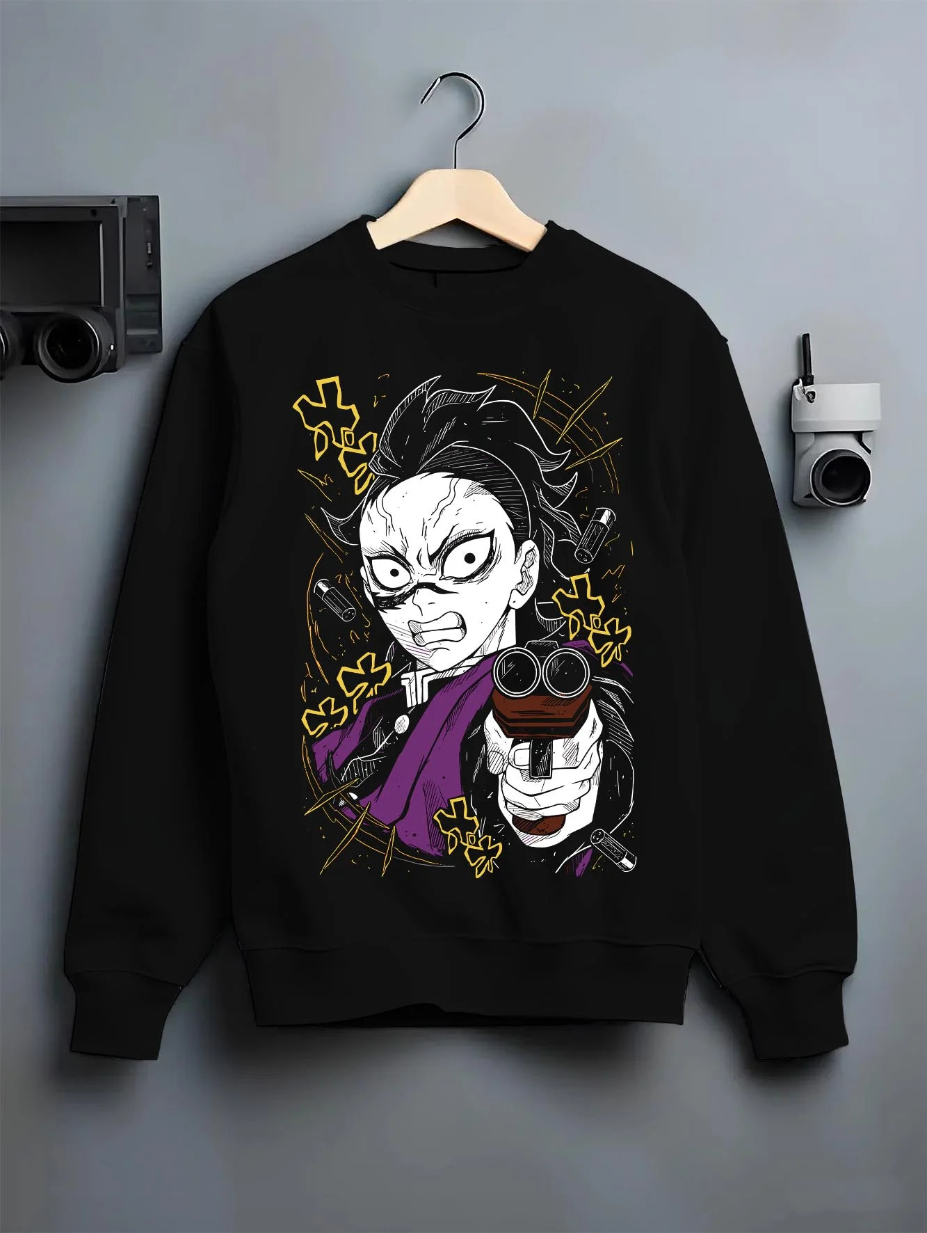 Black crewneck sweatshirt on hanger with Demon Slayer Hoodie Yoriichi Tsugikuni Blade Jumper graphic bold anime graphic.