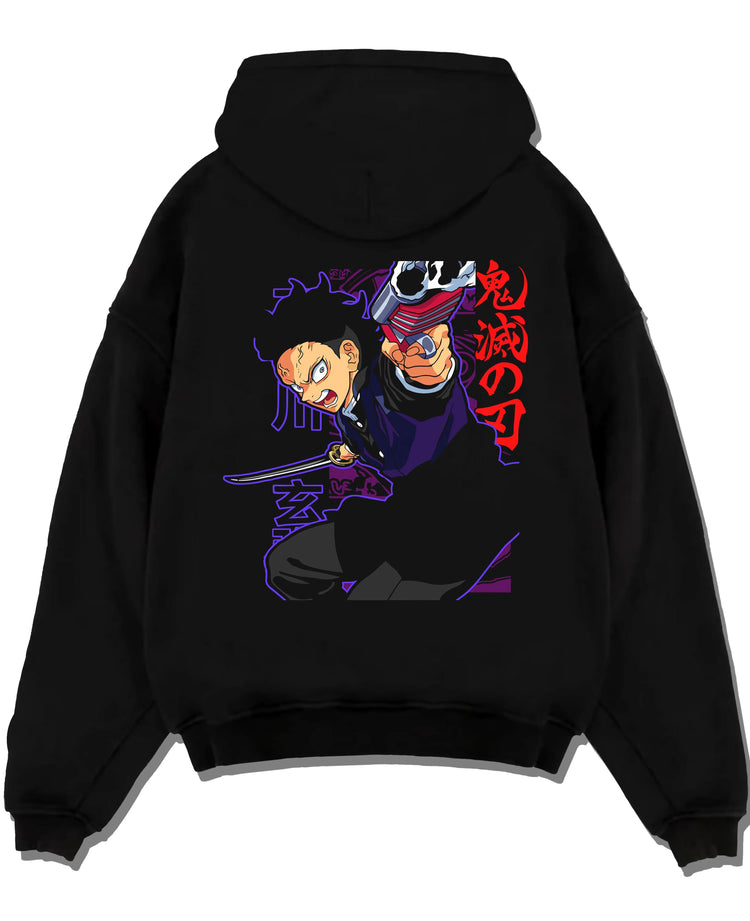 Black pullover hoodie laid flat with Demon Slayer Hoodie Gyomei Himejima Stone Jumper graphic premium wear.