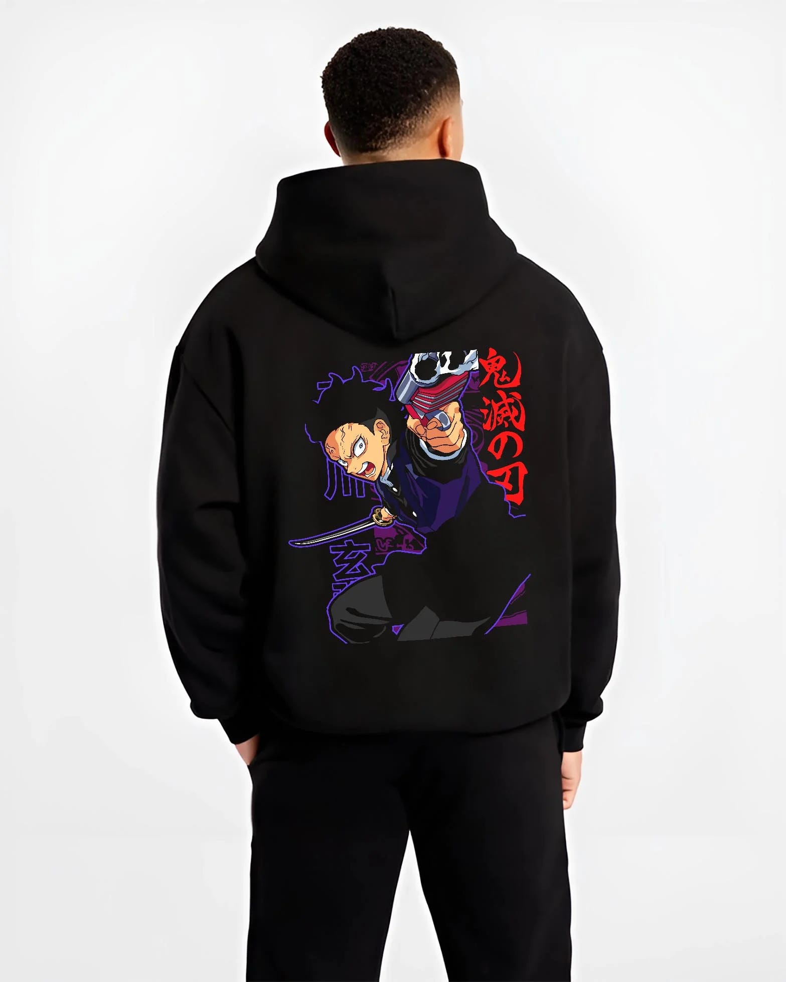 Black hoodie worn by male model, back view with Demon Slayer Hoodie Gyomei Himejima Stone Jumper graphic premium wear.