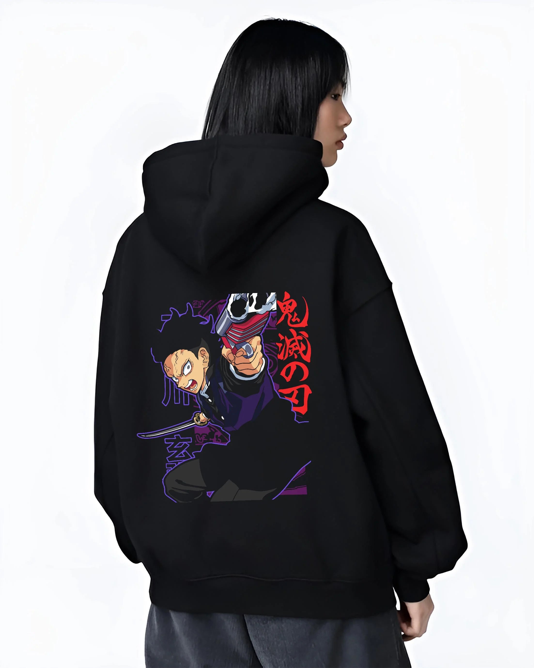 Black hoodie worn by female model, back view with Demon Slayer Hoodie Gyomei Himejima Stone Jumper graphic bold anime graphic.