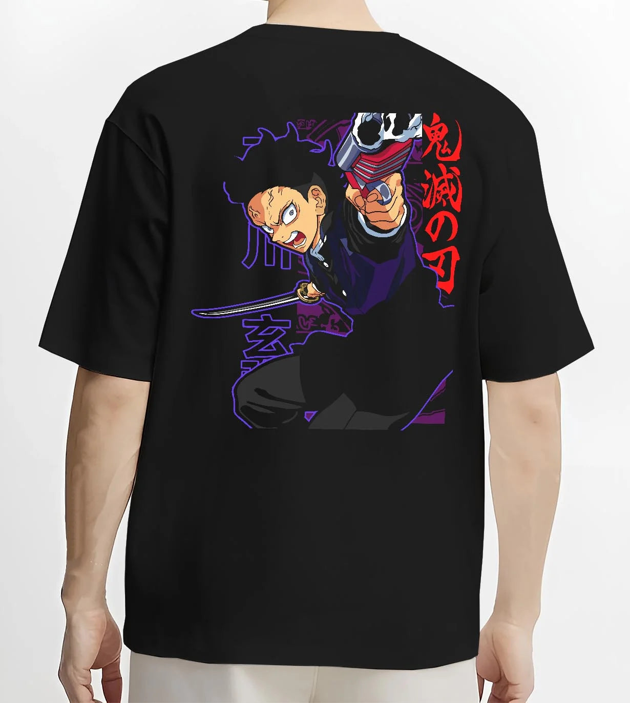 Black T-shirt worn by male model, back view with Demon Slayer Hoodie Gyomei Himejima Stone Jumper graphic bold anime graphic.