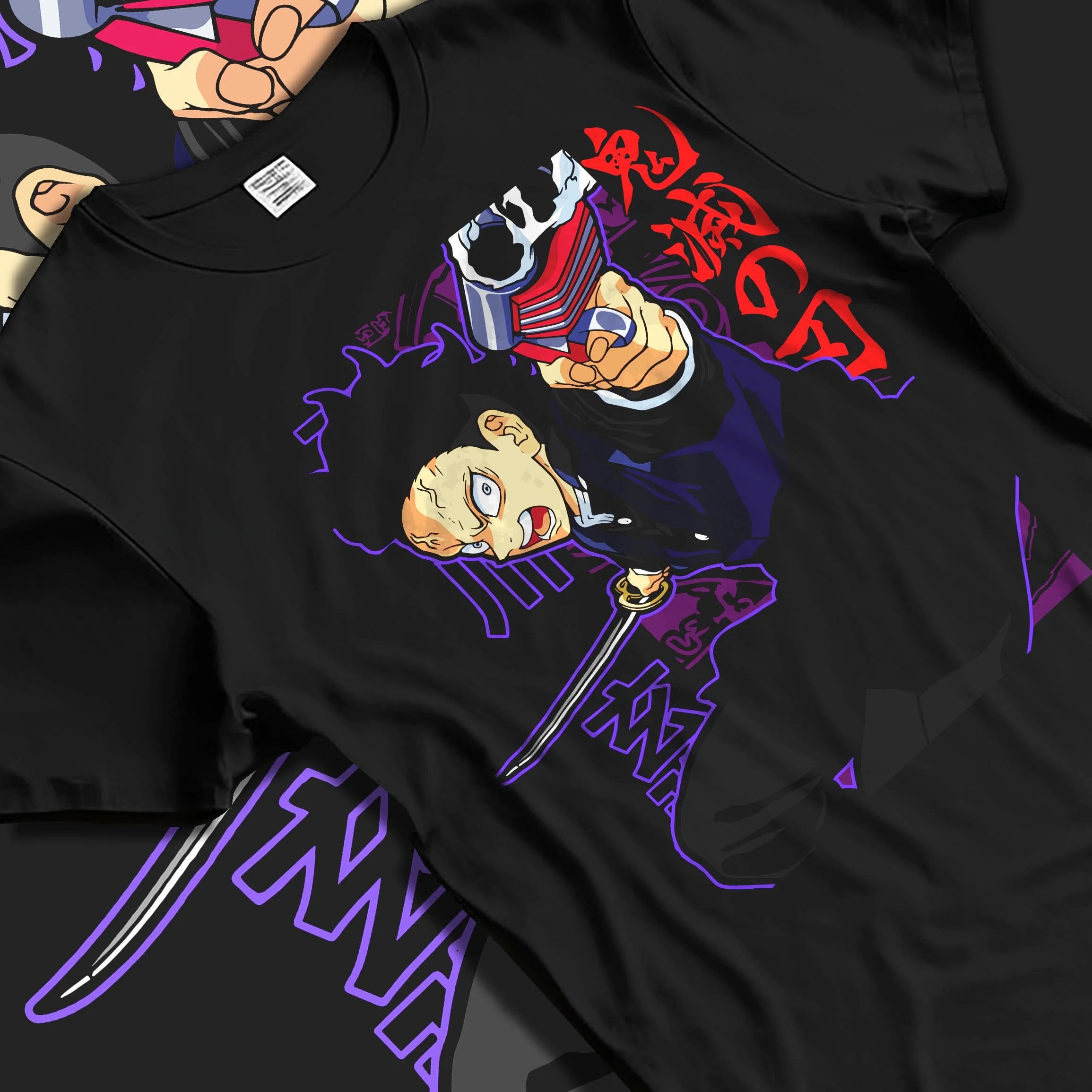 Black T-shirt laid flat with natural folds with Demon Slayer Hoodie Gyomei Himejima Stone Jumper graphic bold anime graphic.
