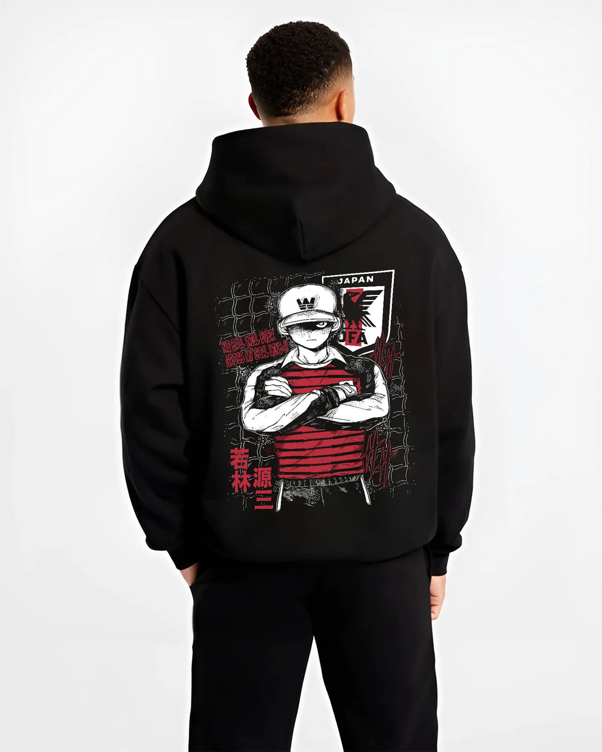 Black hoodie model back view showing Genzo Wakabayashi from Captain Tsubasa: Japan national goalkeeper