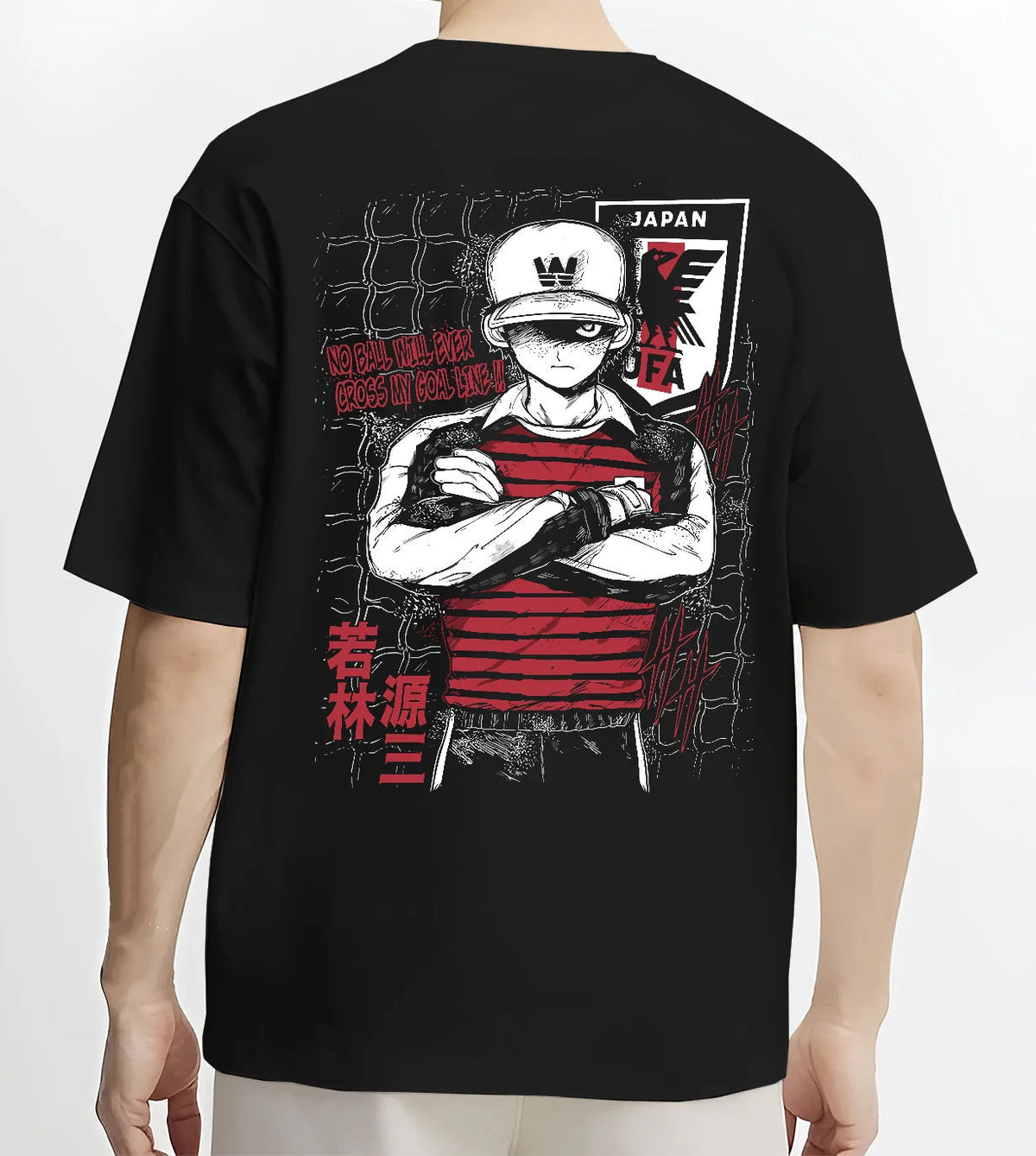 Black T-shirt model back view showing Genzo Wakabayashi from Captain Tsubasa: Japan national goalkeeper