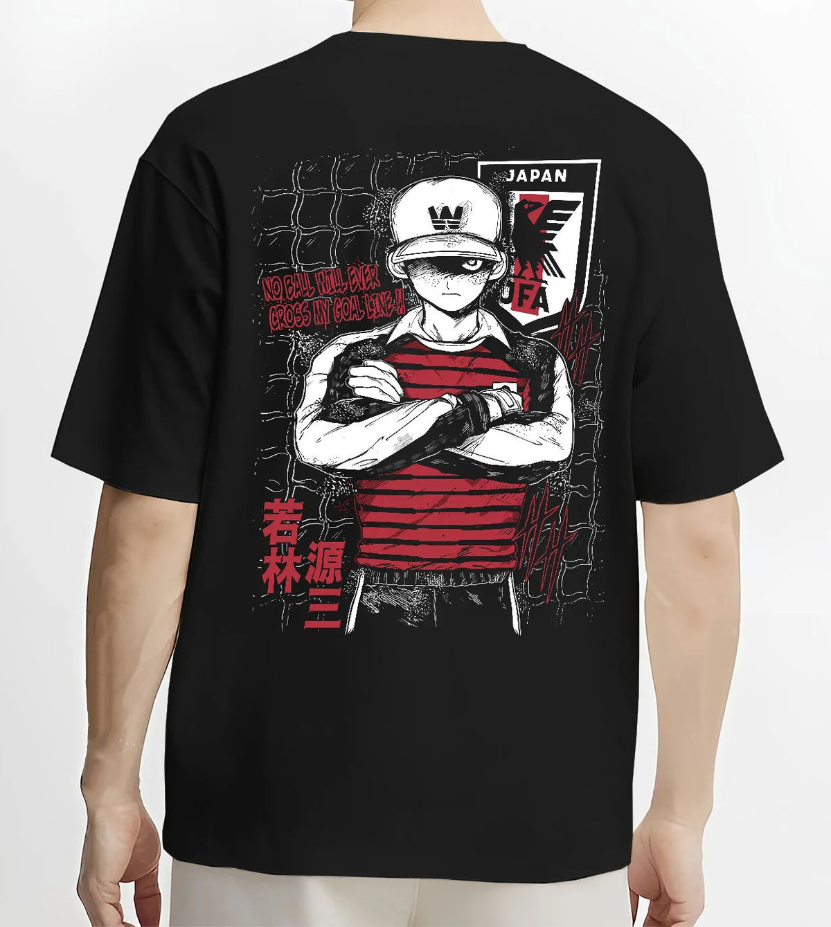 Black T-shirt model back view showing Genzo Wakabayashi from Captain Tsubasa: Japan national goalkeeper
