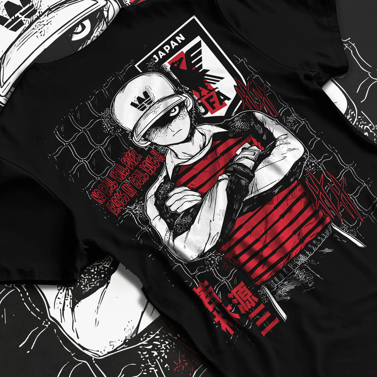 Black T-shirt flat back view showing Genzo Wakabayashi from Captain Tsubasa: Japan national goalkeeper