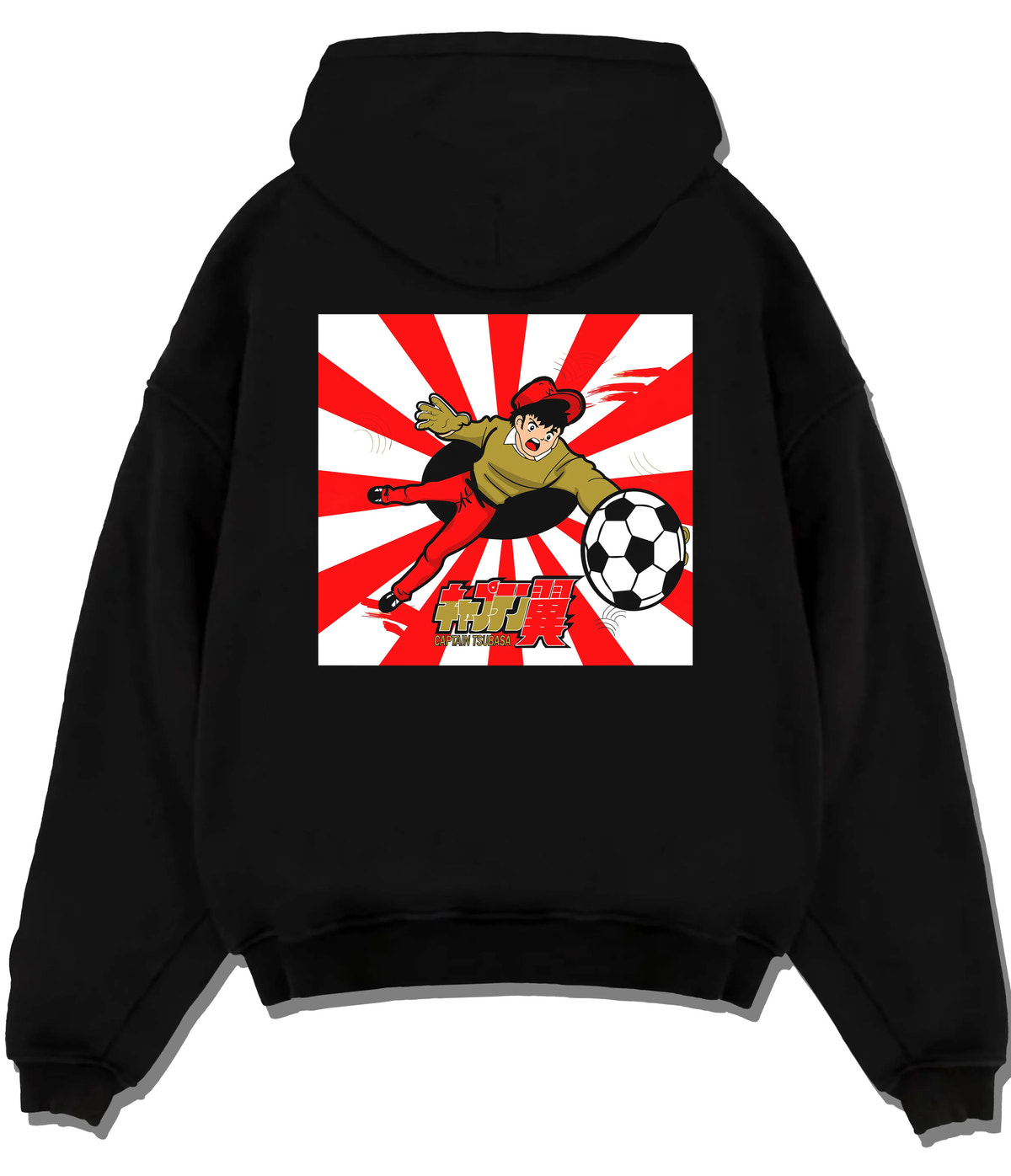 Black hoodie flat back view with Genzo Wakabayashi soccer goalkeeper from Captain Tsubasa illustrated back graphic