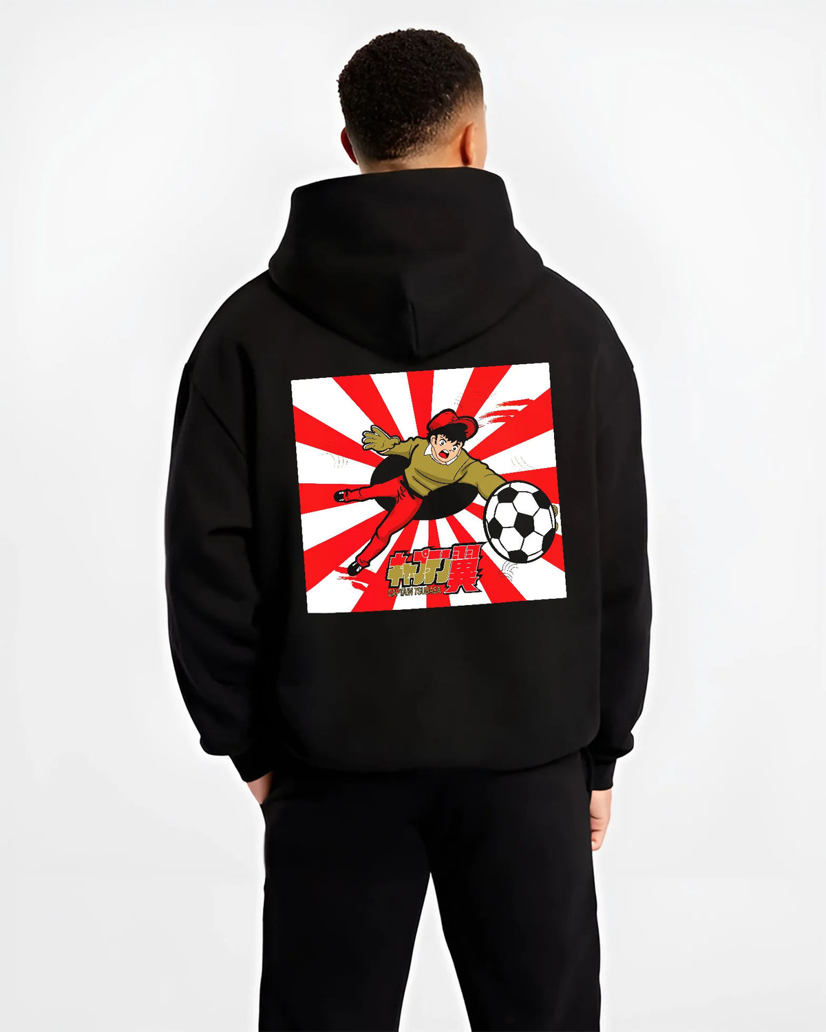 Black hoodie model back view with Genzo Wakabayashi soccer goalkeeper from Captain Tsubasa illustrated back graphic