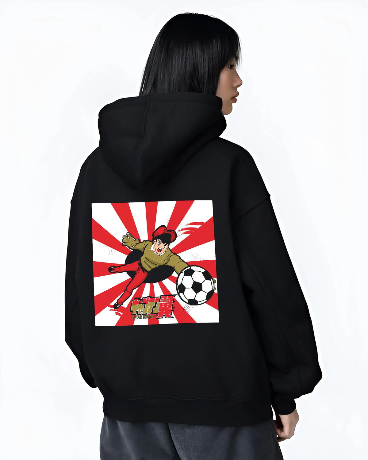 Black hoodie female model back view with Genzo Wakabayashi soccer goalkeeper from Captain Tsubasa illustrated back graphic