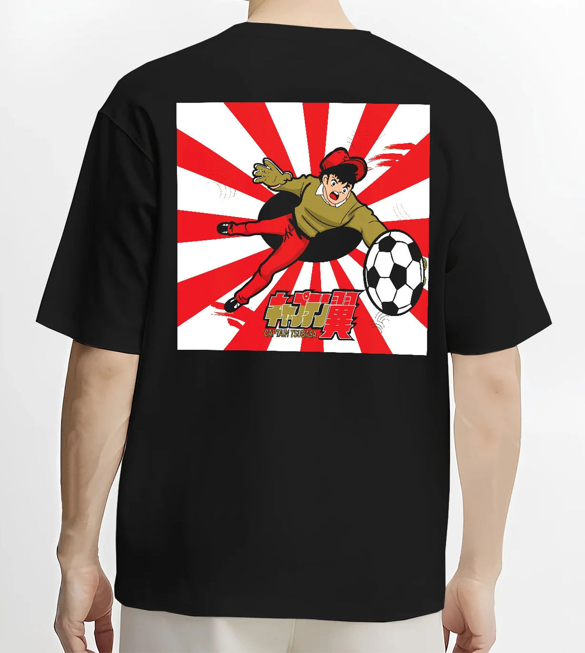 Black T-shirt model back view with Genzo Wakabayashi soccer goalkeeper from Captain Tsubasa illustrated back graphic