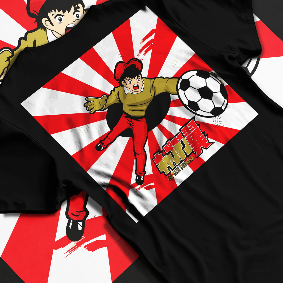 Black T-shirt flat back view with Genzo Wakabayashi soccer goalkeeper from Captain Tsubasa illustrated back graphic