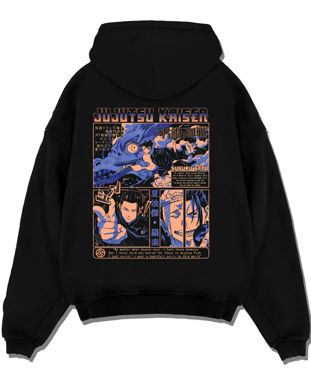 Black hoodie laid flat featuring Suguru Geto Jujutsu Kaisen curse spirits artwork.