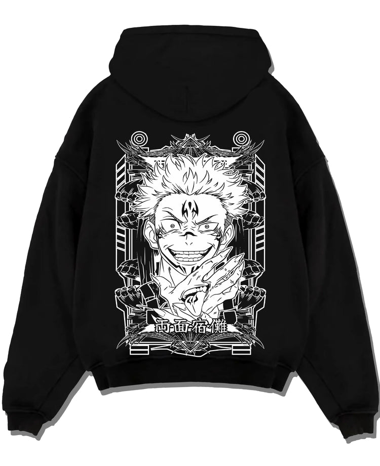 Black pullover hoodie laid flat with Jujutsu Kaisen Hoodie Sukuna Grin Domain Jumper graphic premium wear.