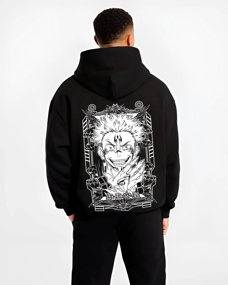Black hoodie worn by male model, back view with Jujutsu Kaisen Hoodie Sukuna Grin Domain Jumper graphic bold anime graphic.