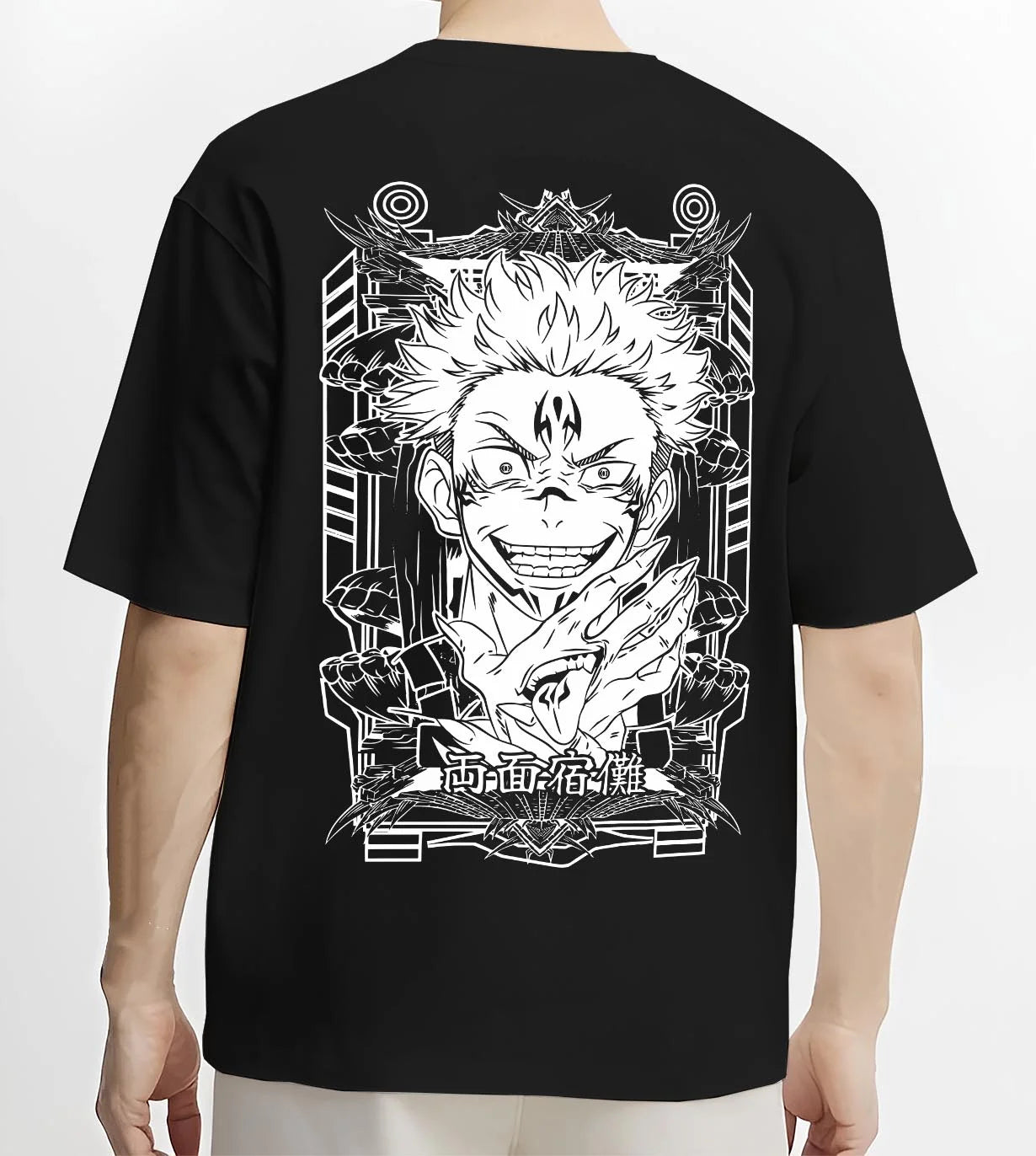 Black T-shirt worn by male model, back view with Jujutsu Kaisen Hoodie Sukuna Grin Domain Jumper graphic premium wear.