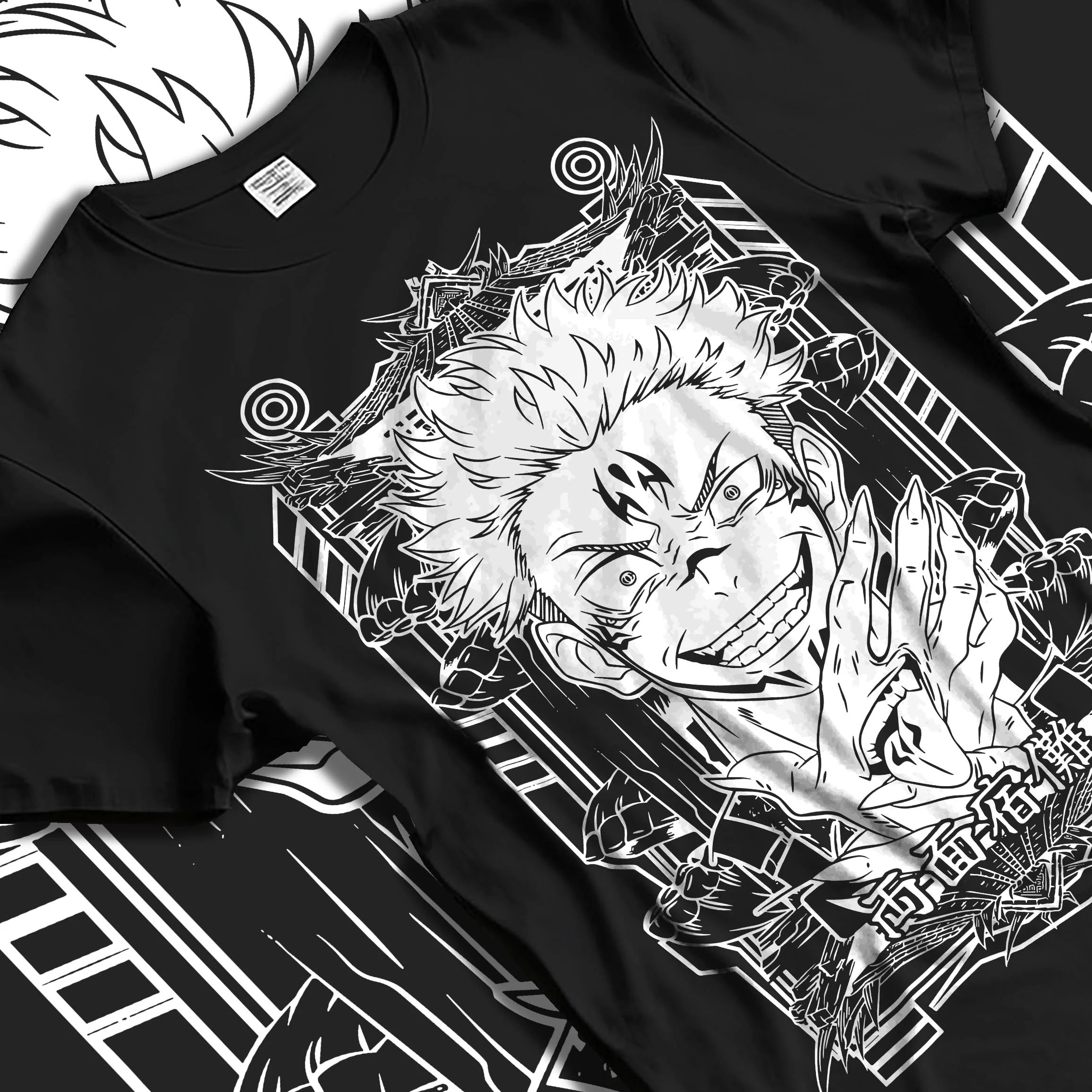 Black T-shirt laid flat with natural folds with Jujutsu Kaisen Hoodie Sukuna Grin Domain Jumper graphic bold anime graphic.