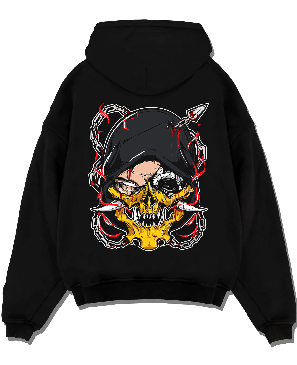 Black hoodie laid flat featuring Suguru Geto Jujutsu Kaisen hooded curse artwork.
