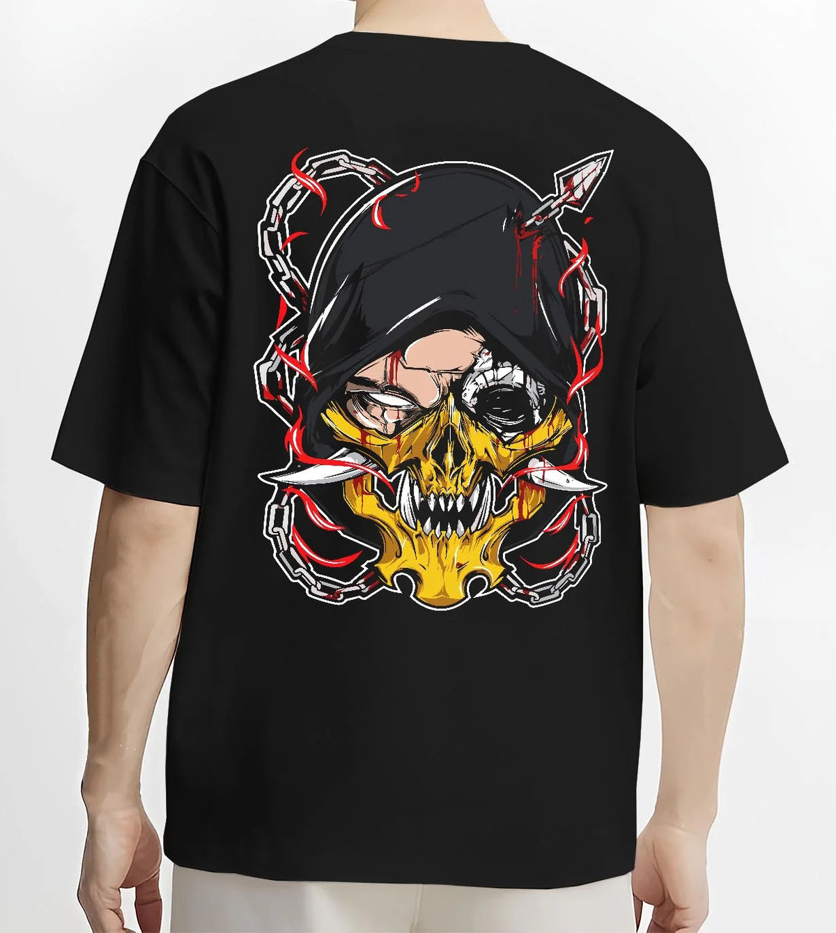 Black T-shirt worn by male model from the back featuring Suguru Geto Jujutsu Kaisen hooded curse artwork.