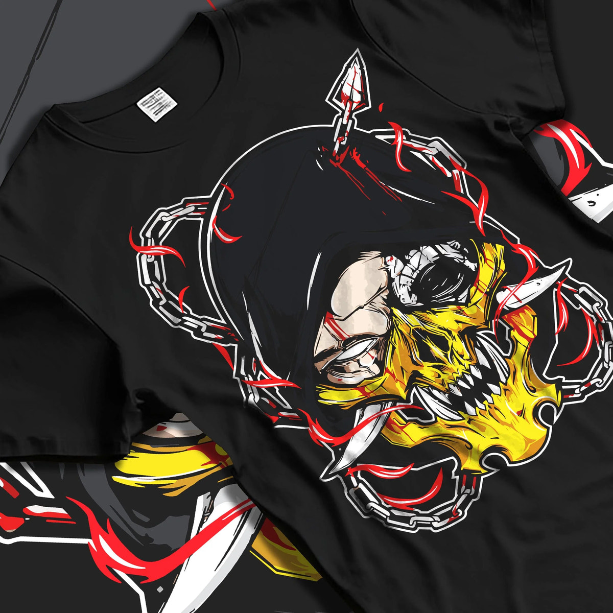 Black T-shirt laid flat with natural folds featuring Suguru Geto Jujutsu Kaisen hooded curse artwork.