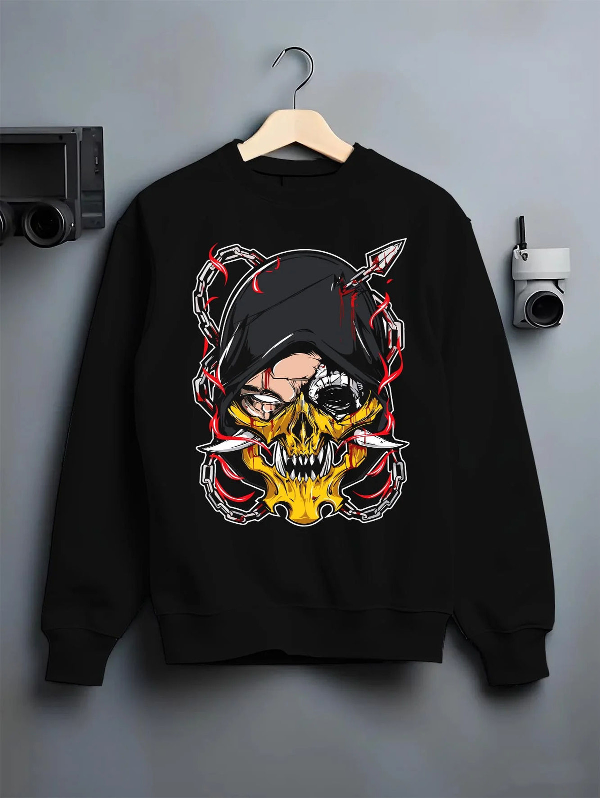 Black crewneck sweatshirt on hanger featuring Suguru Geto Jujutsu Kaisen hooded curse artwork.