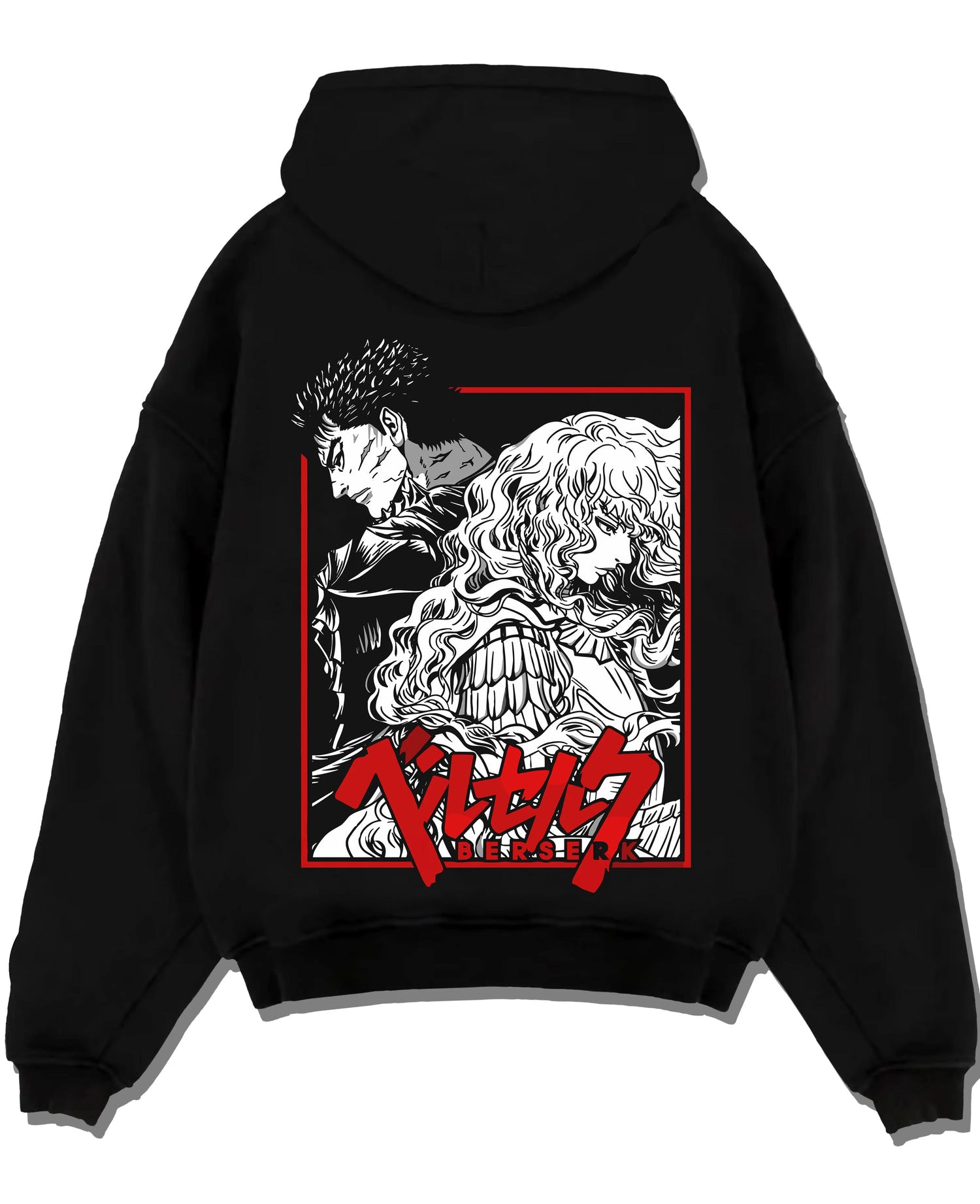 Black pullover hoodie laid flat with Guts Hoodie Berserk Dragonslayer Sword Battle Rage graphic streetwear graphic.