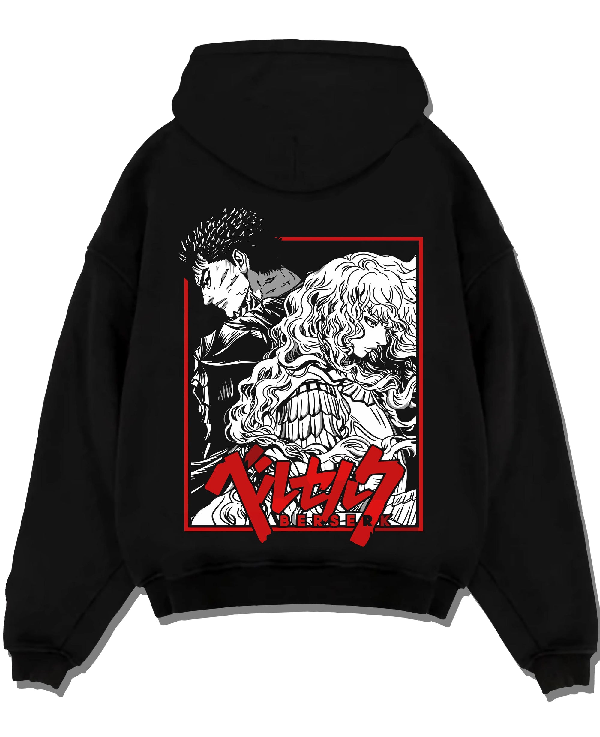 Black pullover hoodie laid flat with Guts Hoodie Berserk Dragonslayer Sword Battle Rage graphic streetwear graphic.
