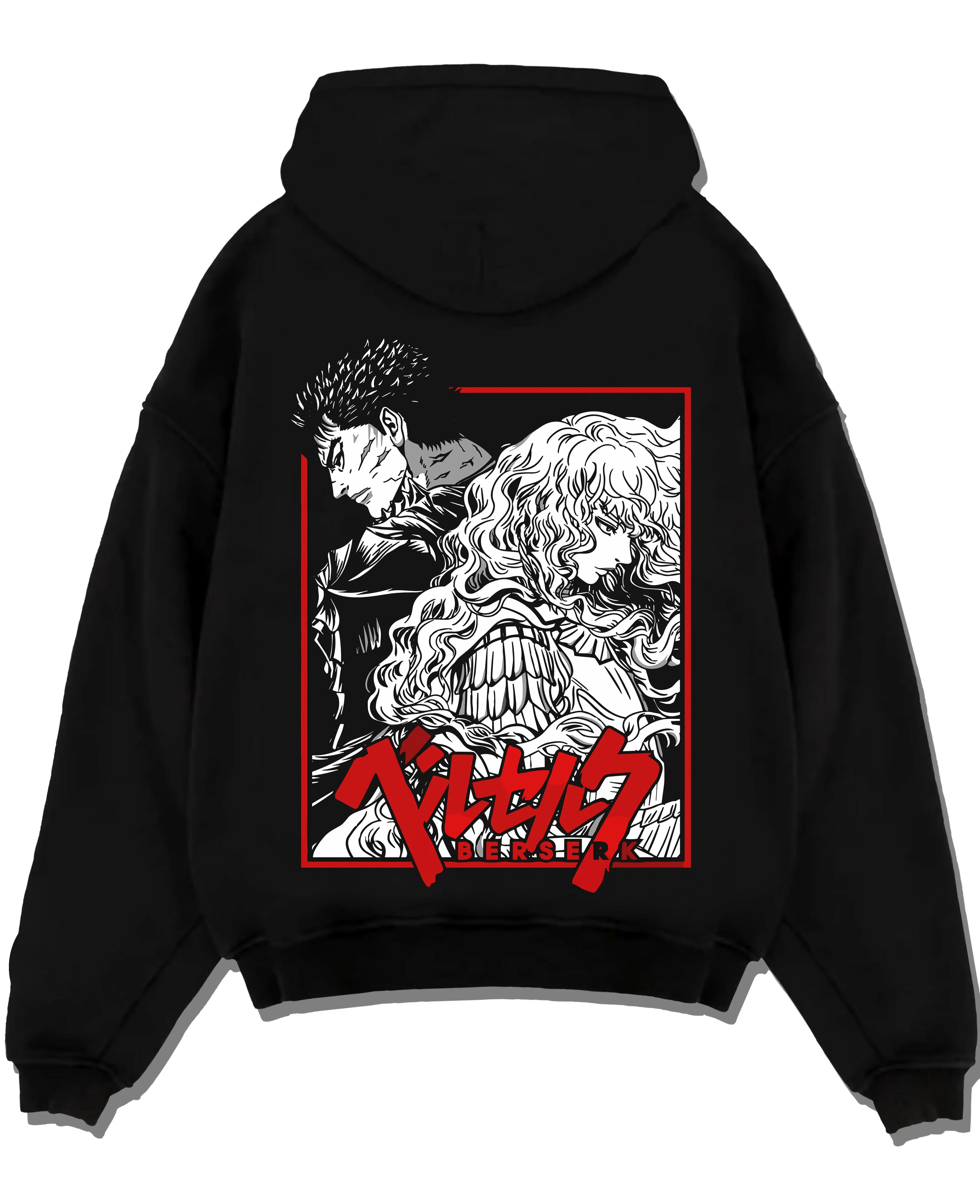 Black pullover hoodie laid flat with Guts Hoodie Berserk Dragonslayer Sword Battle Rage graphic streetwear graphic.