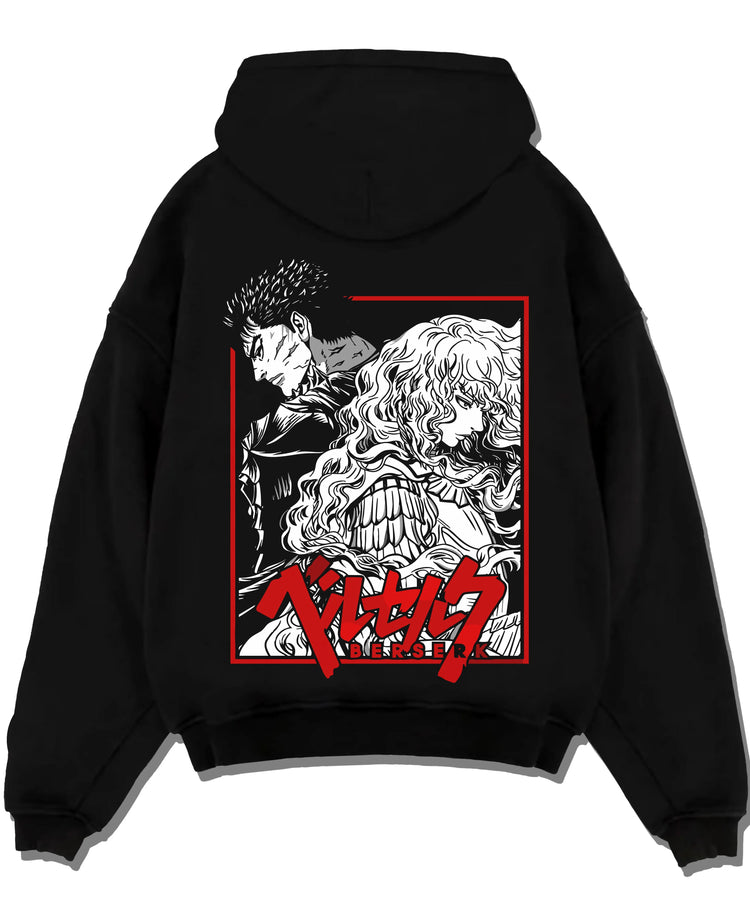 Black pullover hoodie laid flat with Guts Hoodie Berserk Dragonslayer Sword Battle Rage graphic streetwear graphic.